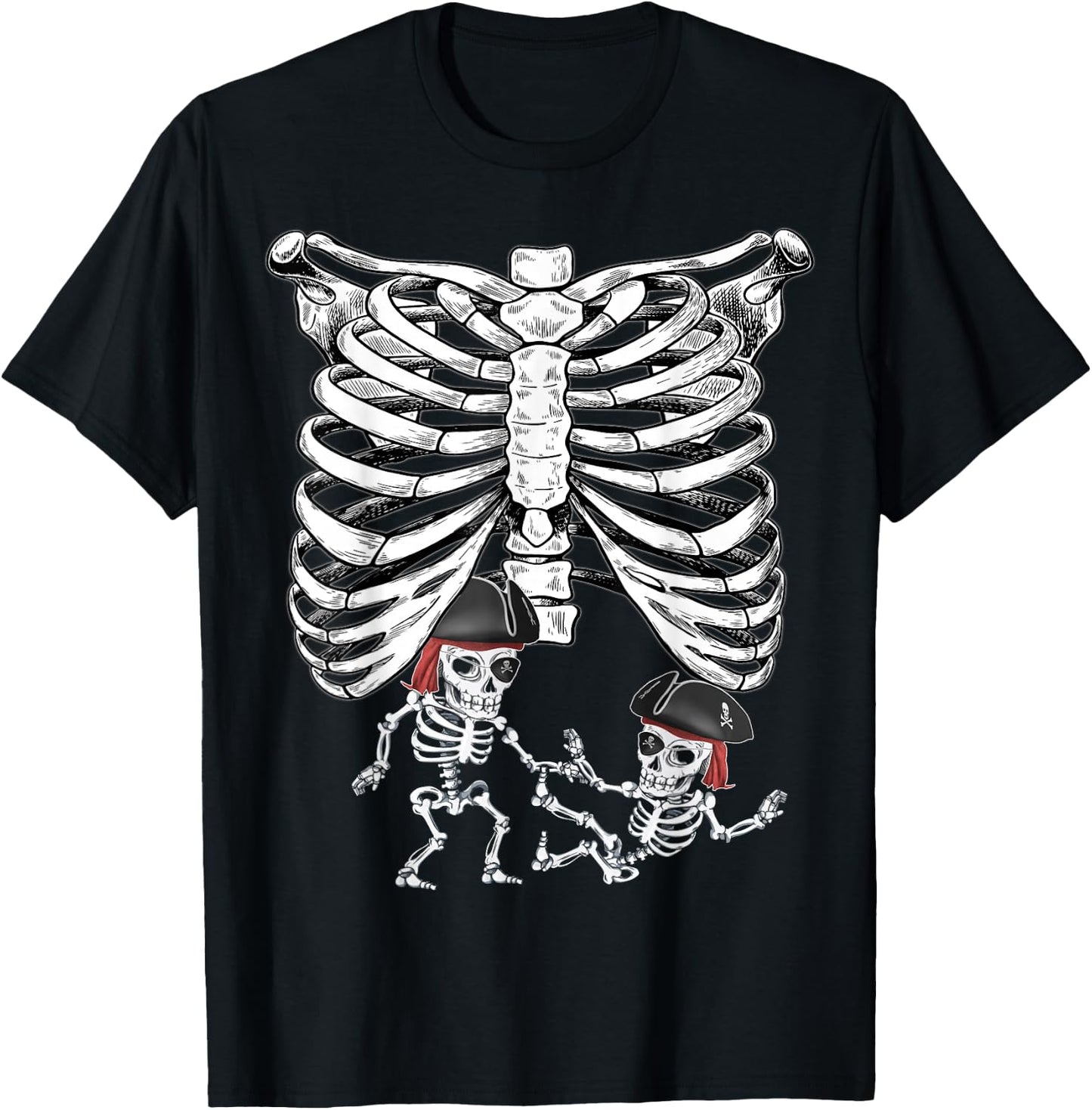 Skeleton Pregnancy Halloween Twins Pirates T-Shirt - T-Shirt | Black