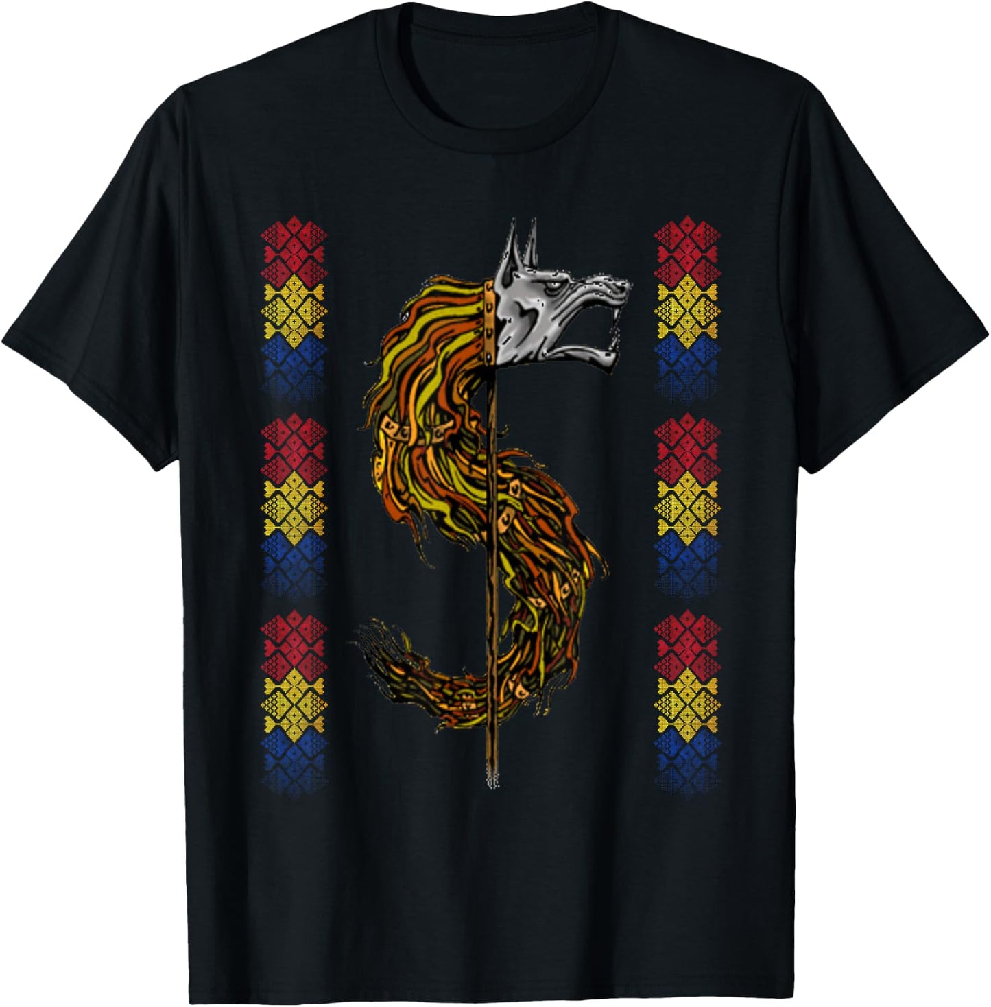 Romanian Flag Traditional Motifs Dacian Wolf T-Shirt - T-Shirt | Black