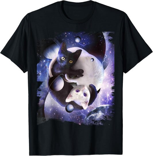Space Yin Yang Cat Cats Cosmic Yin-Yang Kitty In Galaxy T-Shirt - T-Shirt | Black