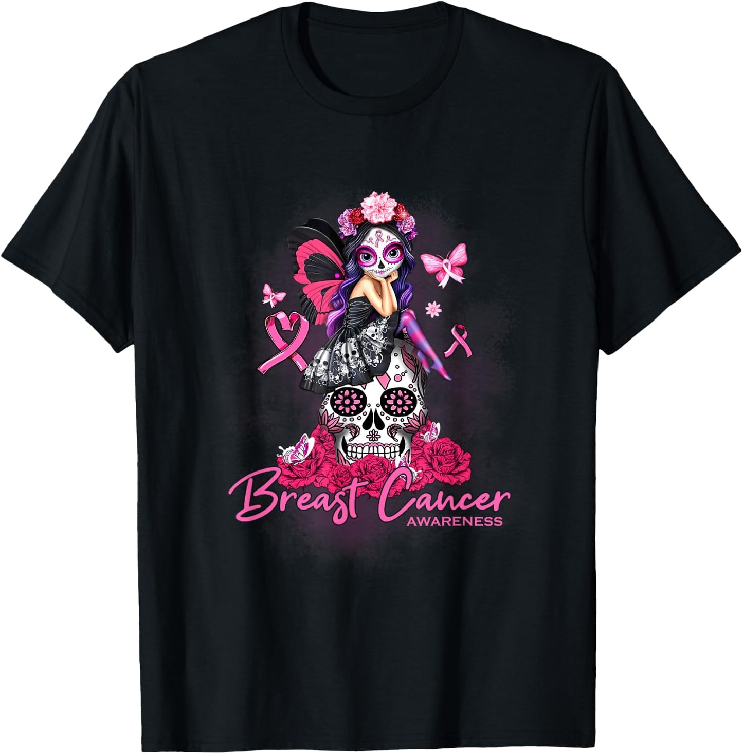 Sugar Skull Fight Breast Cancer Awareness Like A Girl T-Shirt - T-Shirt | Black