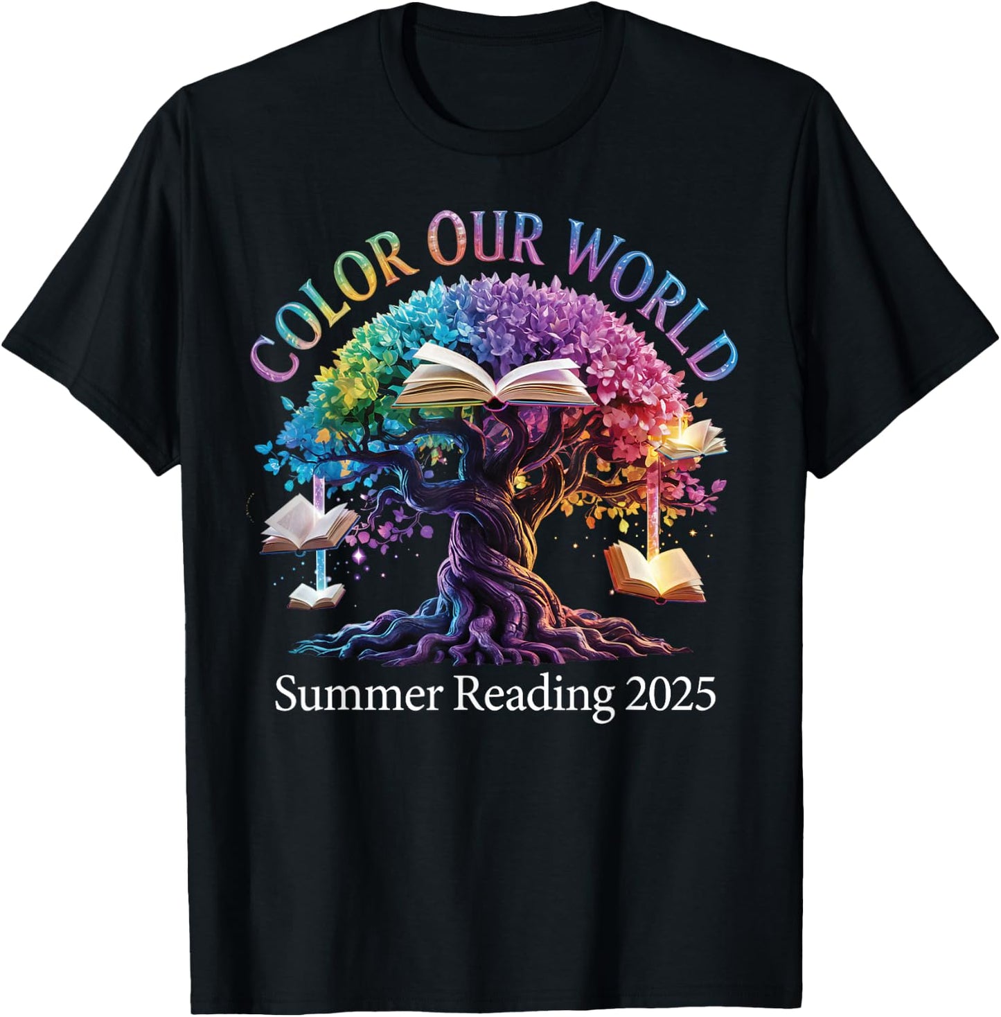 Color Our World Summer Reading 2025 Tree Book Lover T-Shirt - T-Shirt | Black