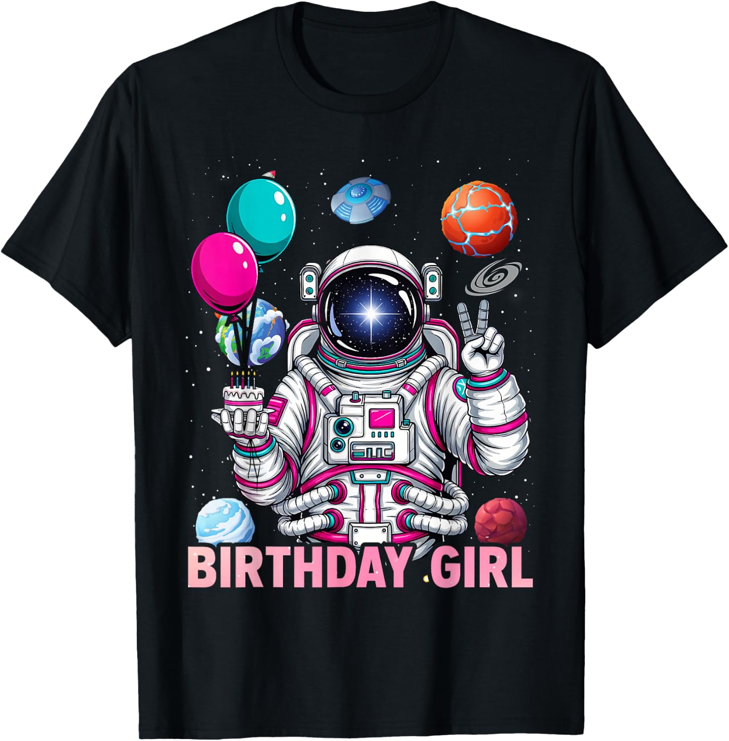 Birthday Girl Astronaut Space Solar System Party Themed T-Shirt - T-Shirt | Black
