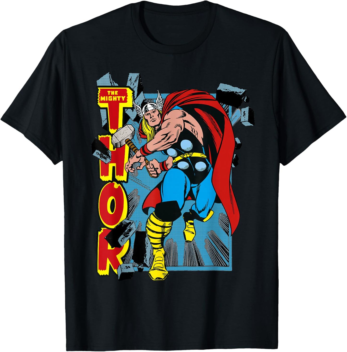 Marvel Classic The Mighty Thor Break Through Poster Style T-Shirt - T-Shirt | Black