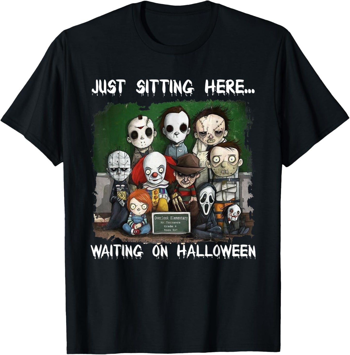 Chibi Horror Movie Just Sitting Here Waiting On Halloween T-Shirt - T-Shirt | Black