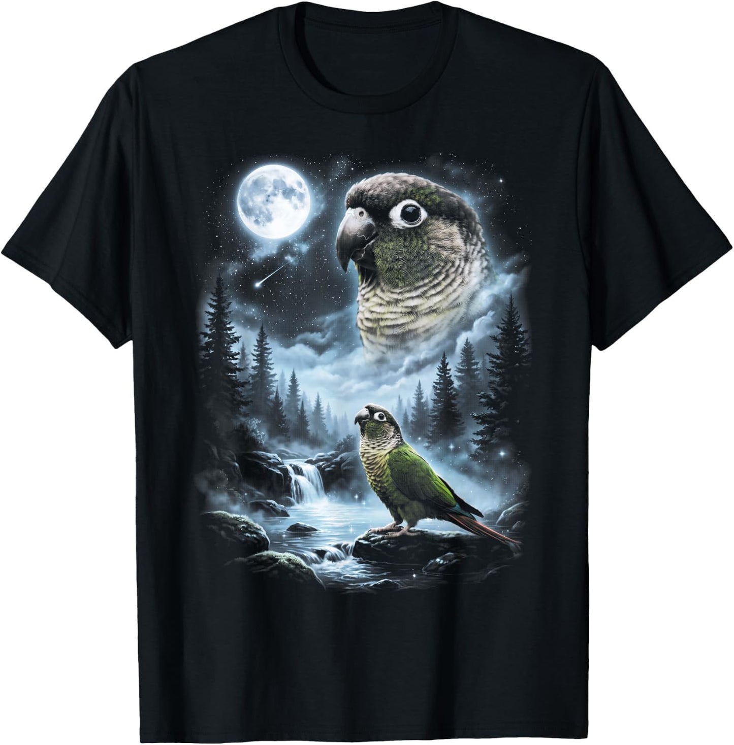 Green Cheek Conure Howling at Moon 90's Retro Parrot T-Shirt - T-Shirt | Black