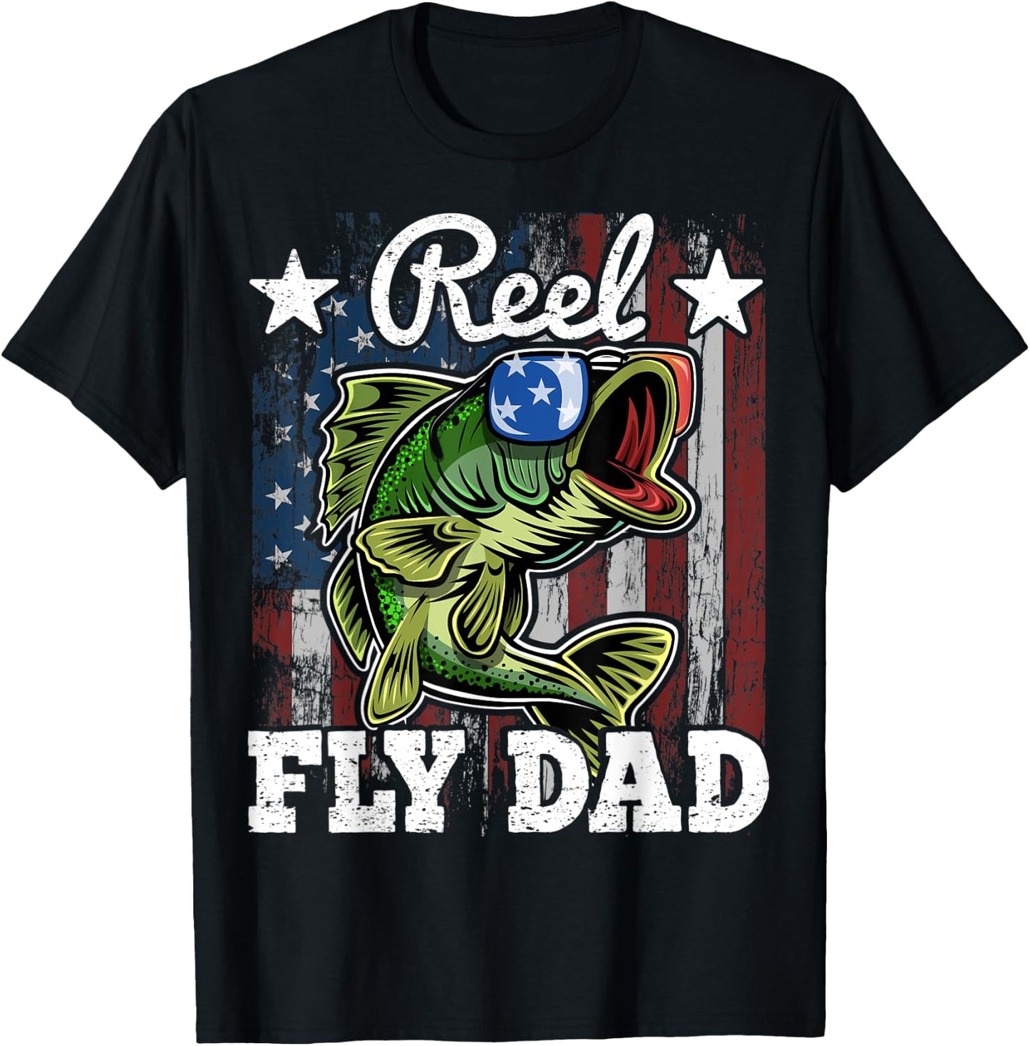 Reel Fly Dad Fishing American Flag Funny Father's Day Gift Men T-Shirt - T-Shirt | Black