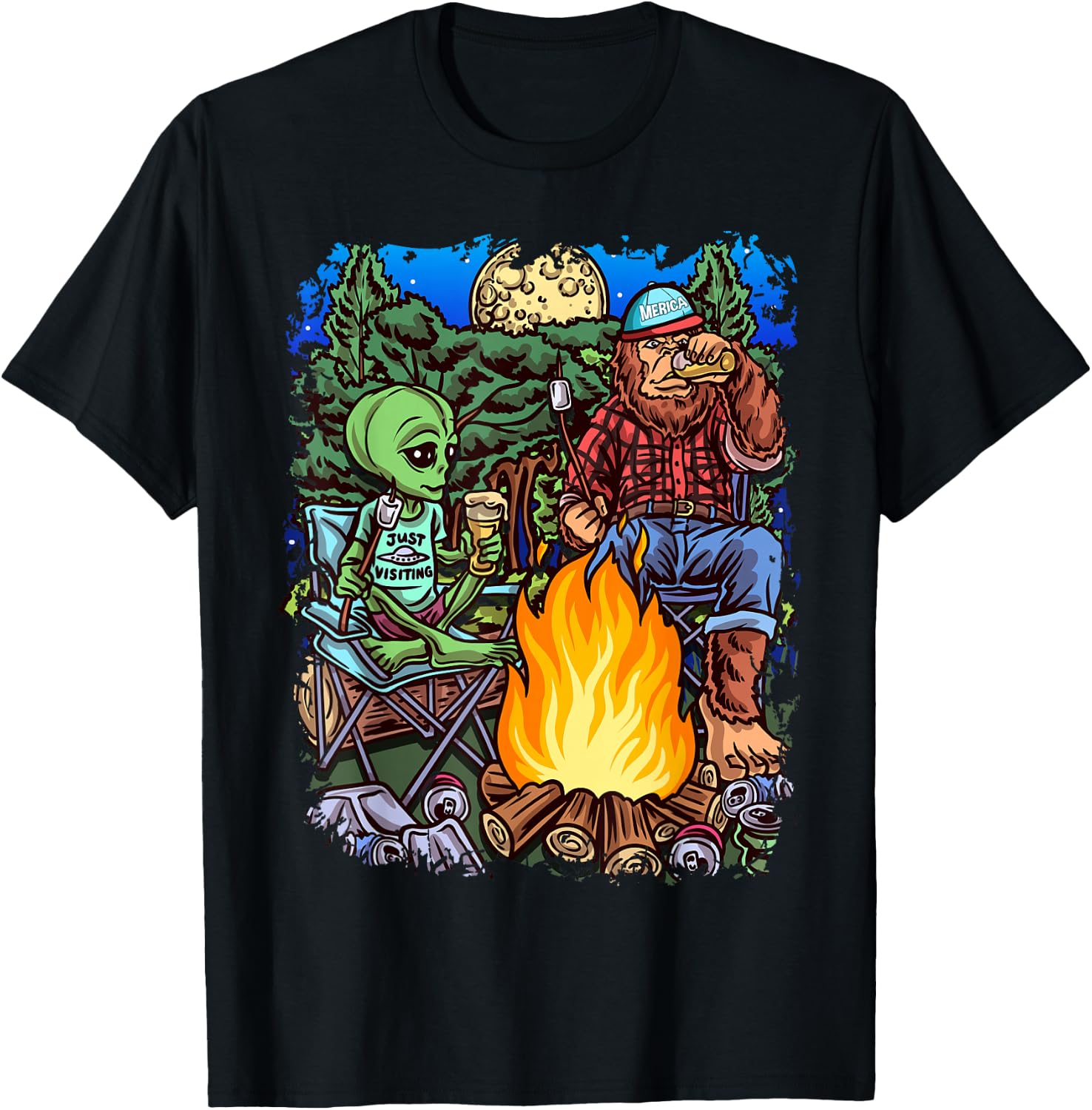 Funny Alien Camping Bigfoot Sasquatch Lumberjack Black Cotton Polyester , Men's Small, Short Sleeve, , Classic Fit, All Seasons, Imported T-Shirt - T-Shirt | Black