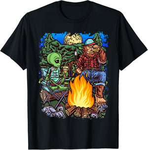 Funny Alien Camping Bigfoot Sasquatch Lumberjack Black Cotton Polyester , Men's Small, Short Sleeve, , Classic Fit, All Seasons, Imported T-Shirt - T-Shirt | Black