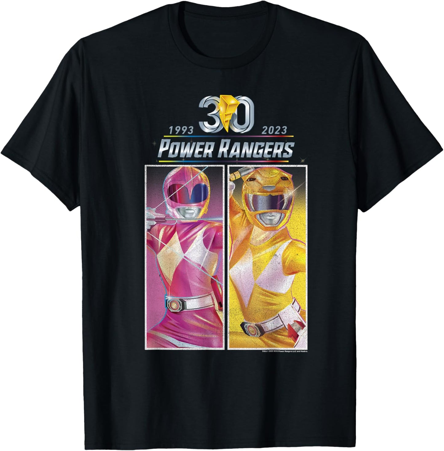 Power Rangers 30th Anniversary Pink & Yellow Retro Poster T-Shirt - T-Shirt | Black