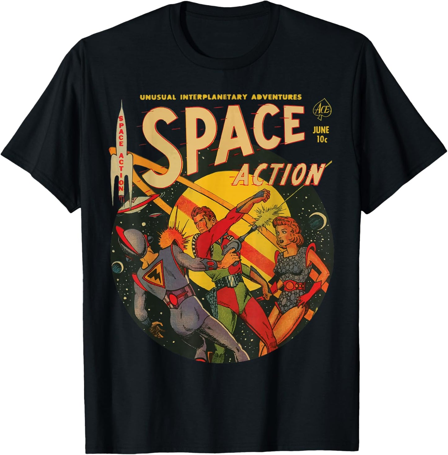 Space Action Comics, Vintage Sci-Fi Comic, 50's Comic, Retro T-Shirt - T-Shirt | Black