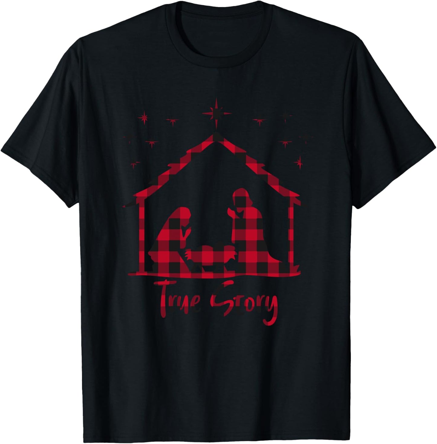 Red Plaid True Story of Jesus Birth Christmas Nativity T-Shirt - T-Shirt | Black