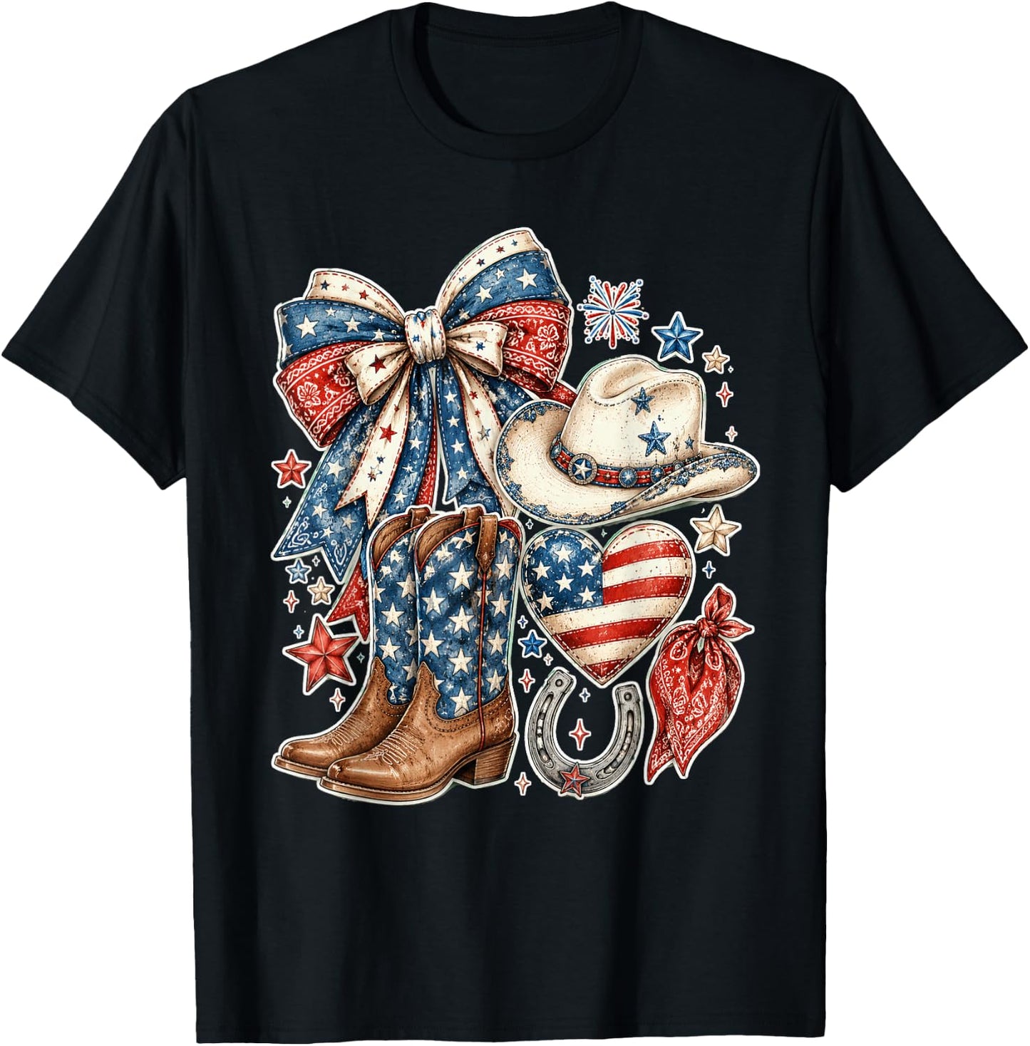 Western American Flag Farm Patriotic Cowgirl 4th of July T-Shirt - T-Shirt | Black