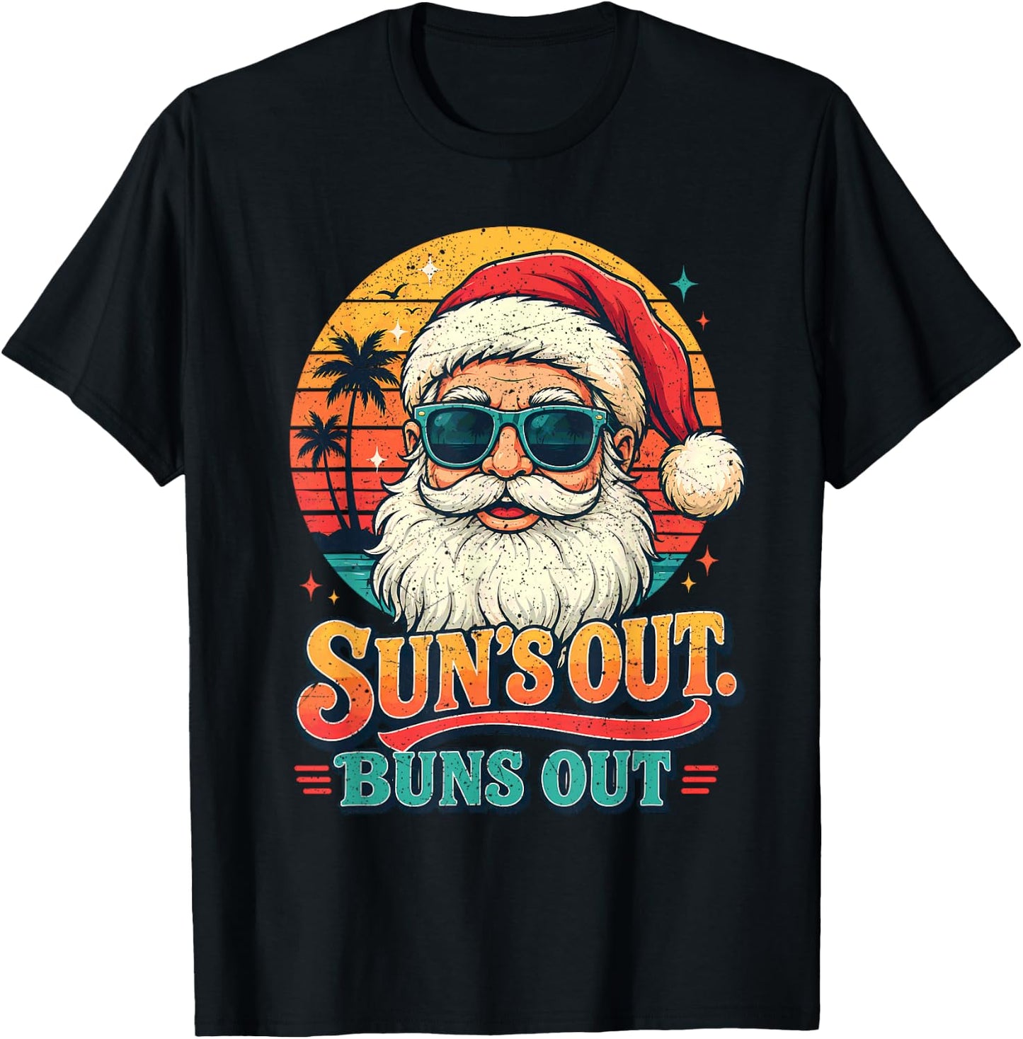 Christmas in July Suns Out Buns Out Vintage Beach Santa T-Shirt - T-Shirt | Black