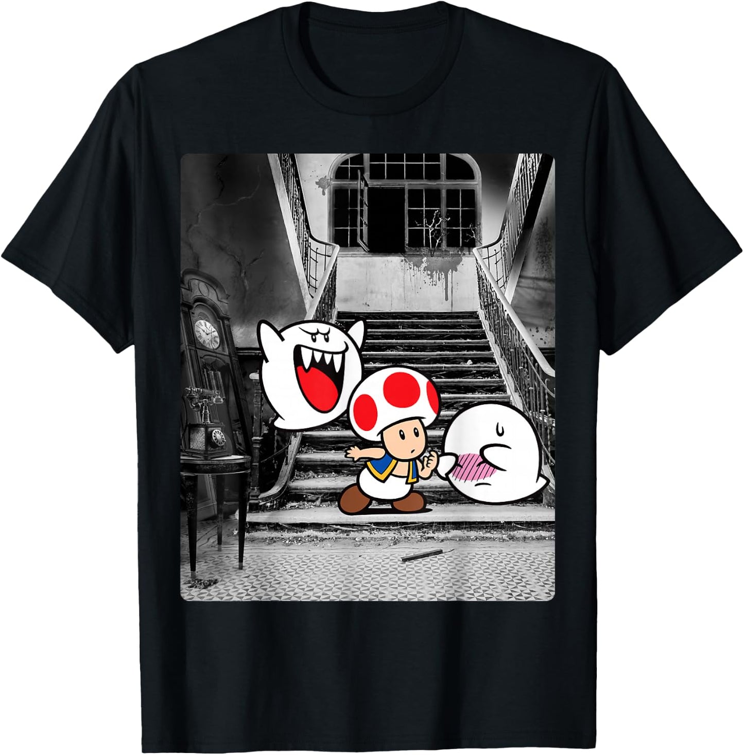 Super Mario Toad And Boo Haunted Mansion Portrait Poster T-Shirt - T-Shirt | Black