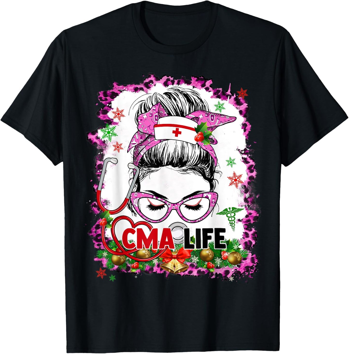 Messy Bun Mom CMA Life Funny Nursing Christmas Pajamas T-Shirt - T-Shirt | Black