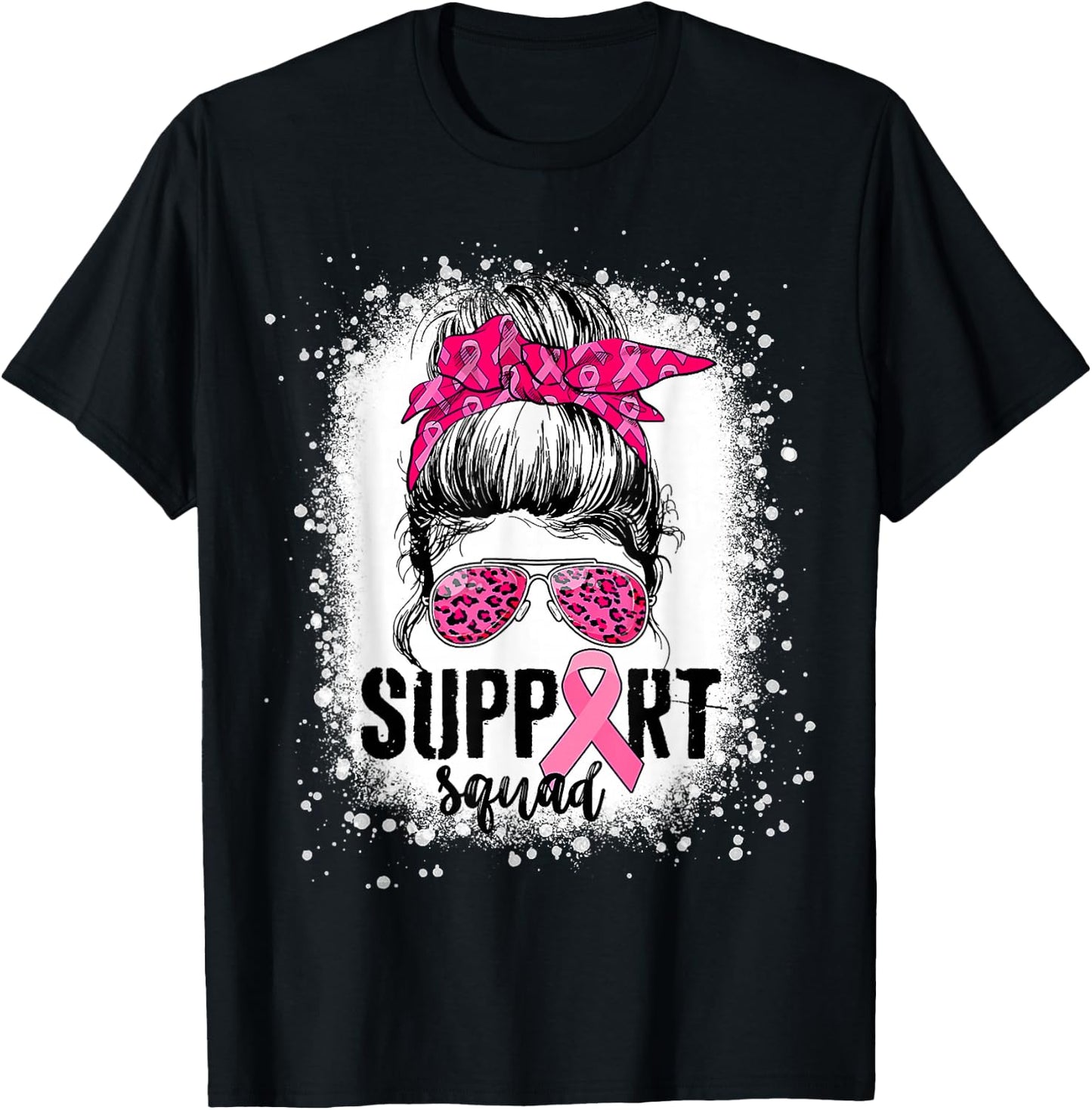 Support Squad Messy Bun Pink Warrior Breast Cancer Awareness T-Shirt - T-Shirt | Black