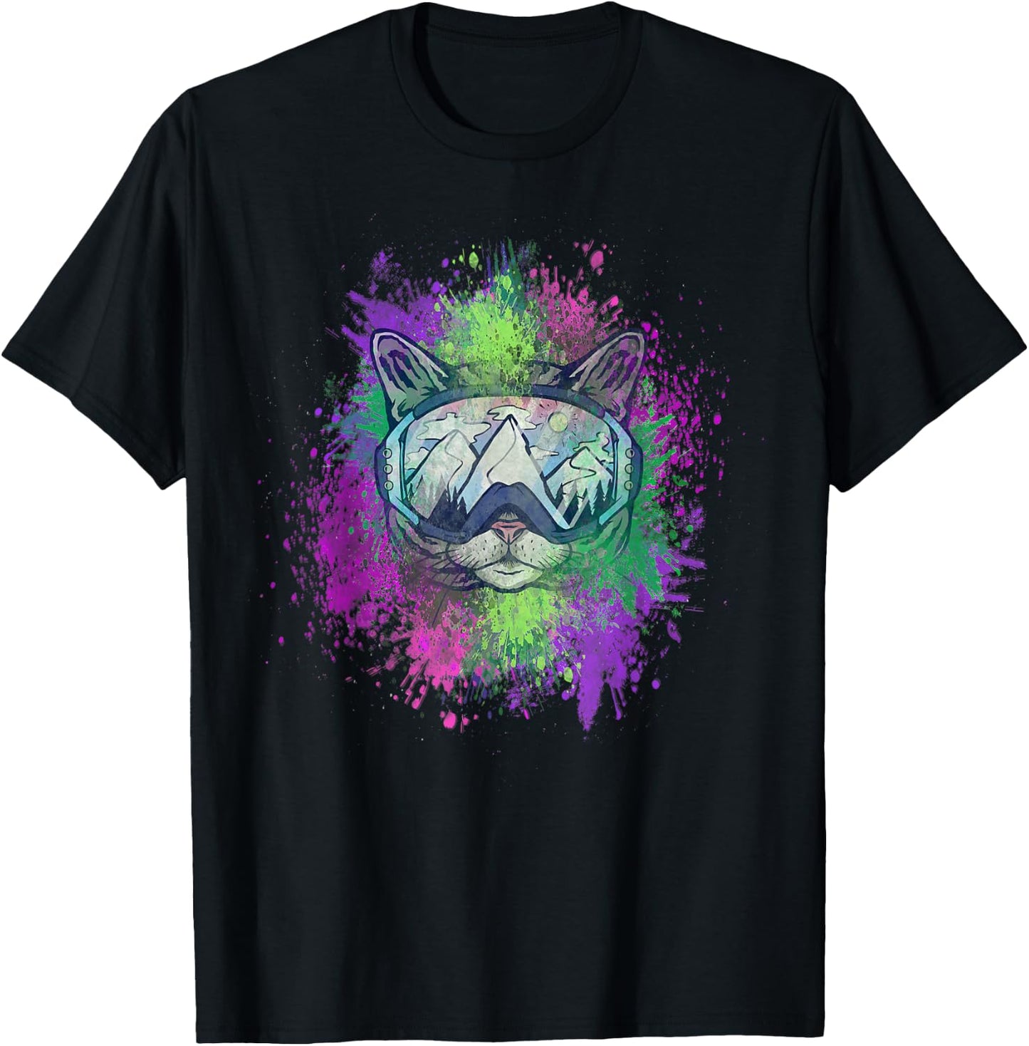 Ski Snowboard Cat Kitty Kitten Mountain Ape Snowman Goa Psy T-Shirt - T-Shirt | Black