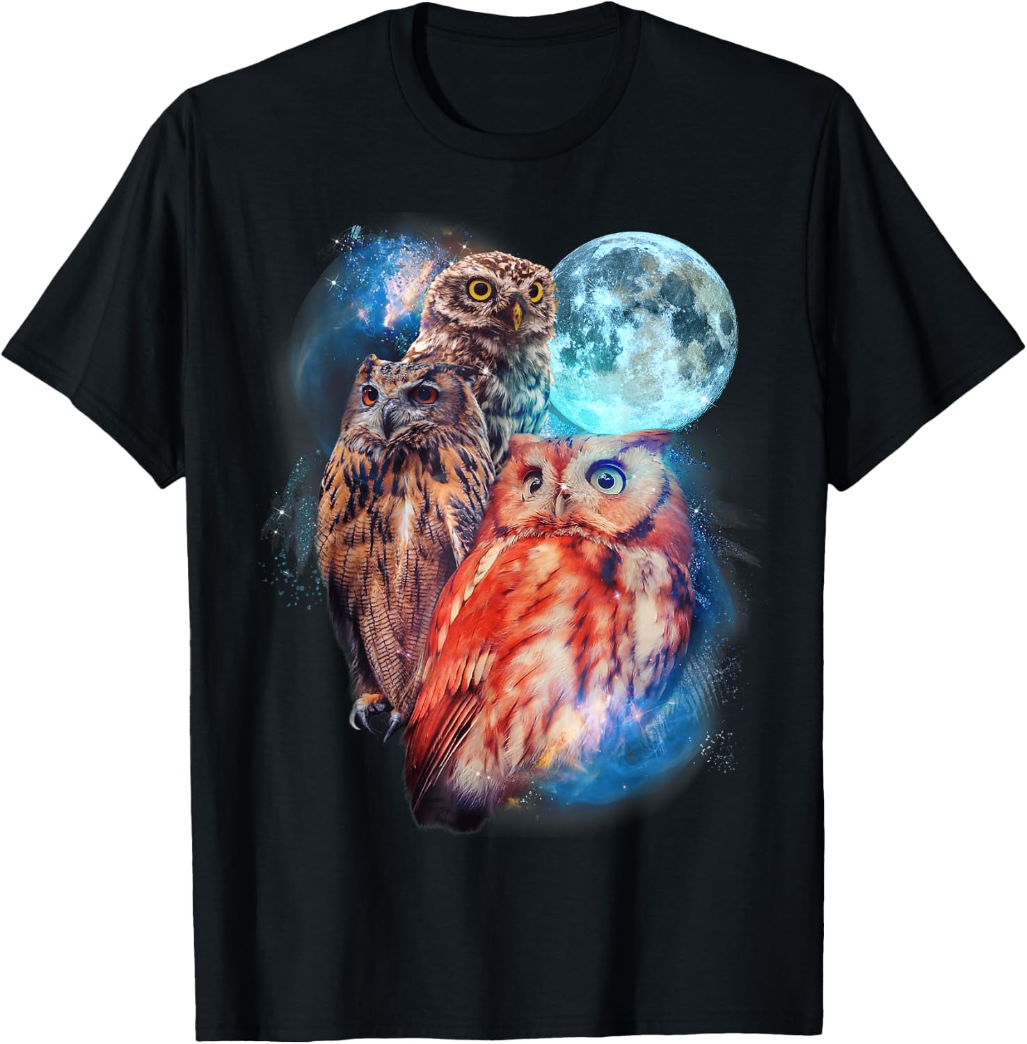 3 Moon Owl Funny Nocturnal Birds Of Prey Graphic Art Humor T-Shirt - T-Shirt | Black