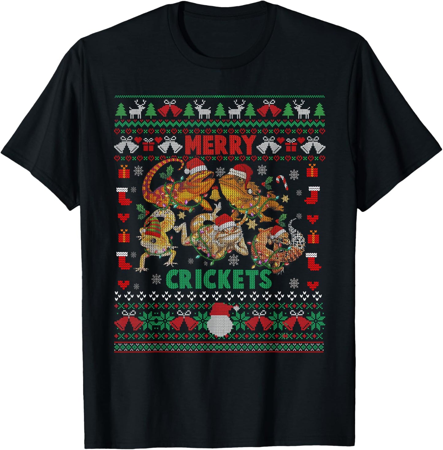 Merry Crickets Bearded Dragon Ugly Christmas Sweater T-Shirt - T-Shirt | Black