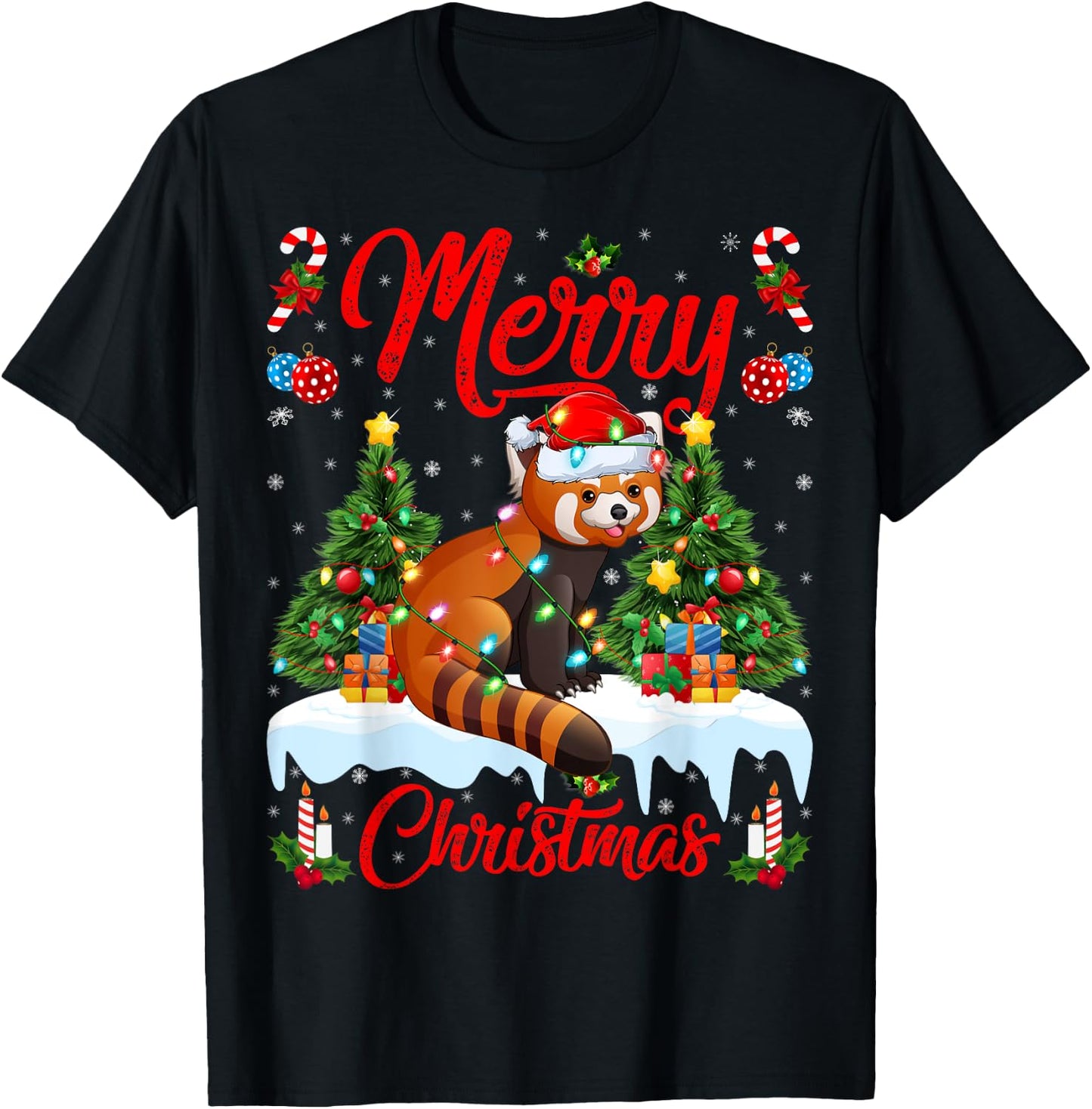 Red Panda Lover Xmas Lighting Santa Hat Red Panda Christmas T-Shirt - T-Shirt | Black