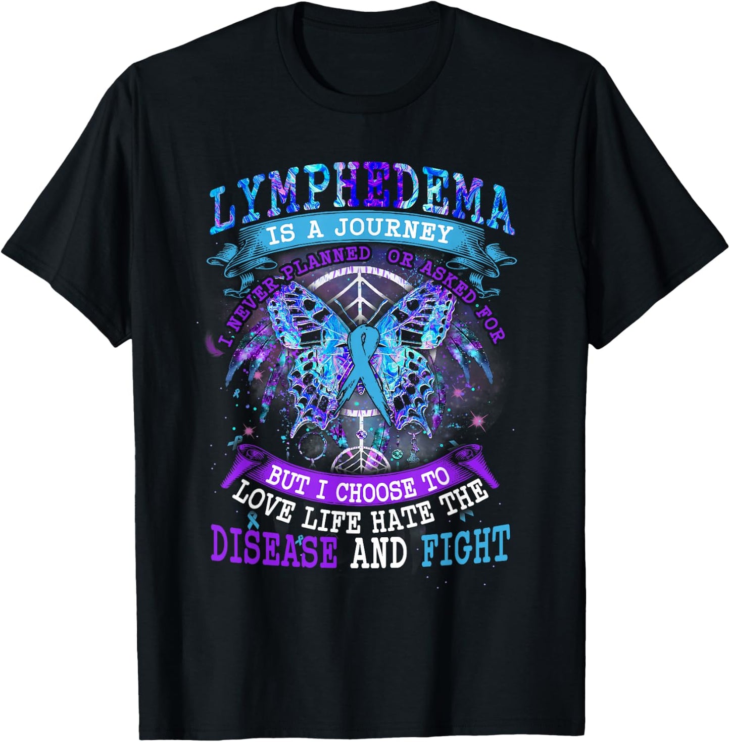 Lymphedema Is A Journey I Never Planned Butterfly Ribbon T-Shirt - T-Shirt | Black