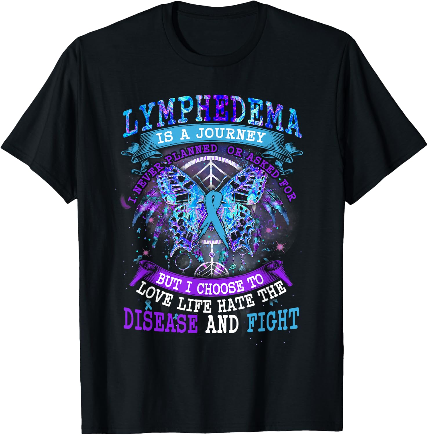 Lymphedema Is A Journey I Never Planned Butterfly Ribbon T-Shirt - T-Shirt | Black