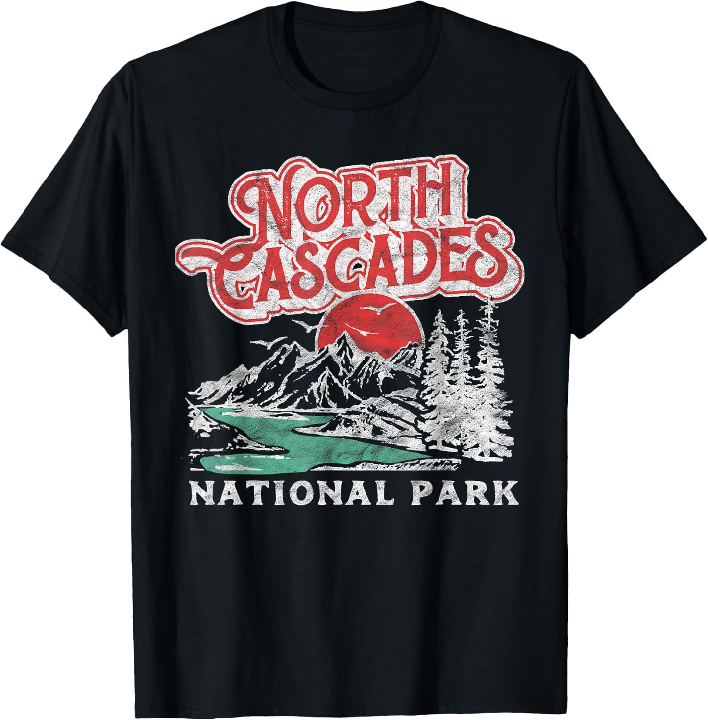 North Cascades National Park Retro 80's Mountains Distressed T-Shirt - T-Shirt | Black