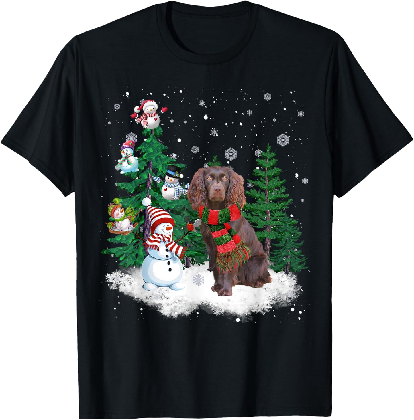 Boykin Spaniel Dog Christmas Snowman Xmas Tree Pajama T-Shirt - T-Shirt | Black