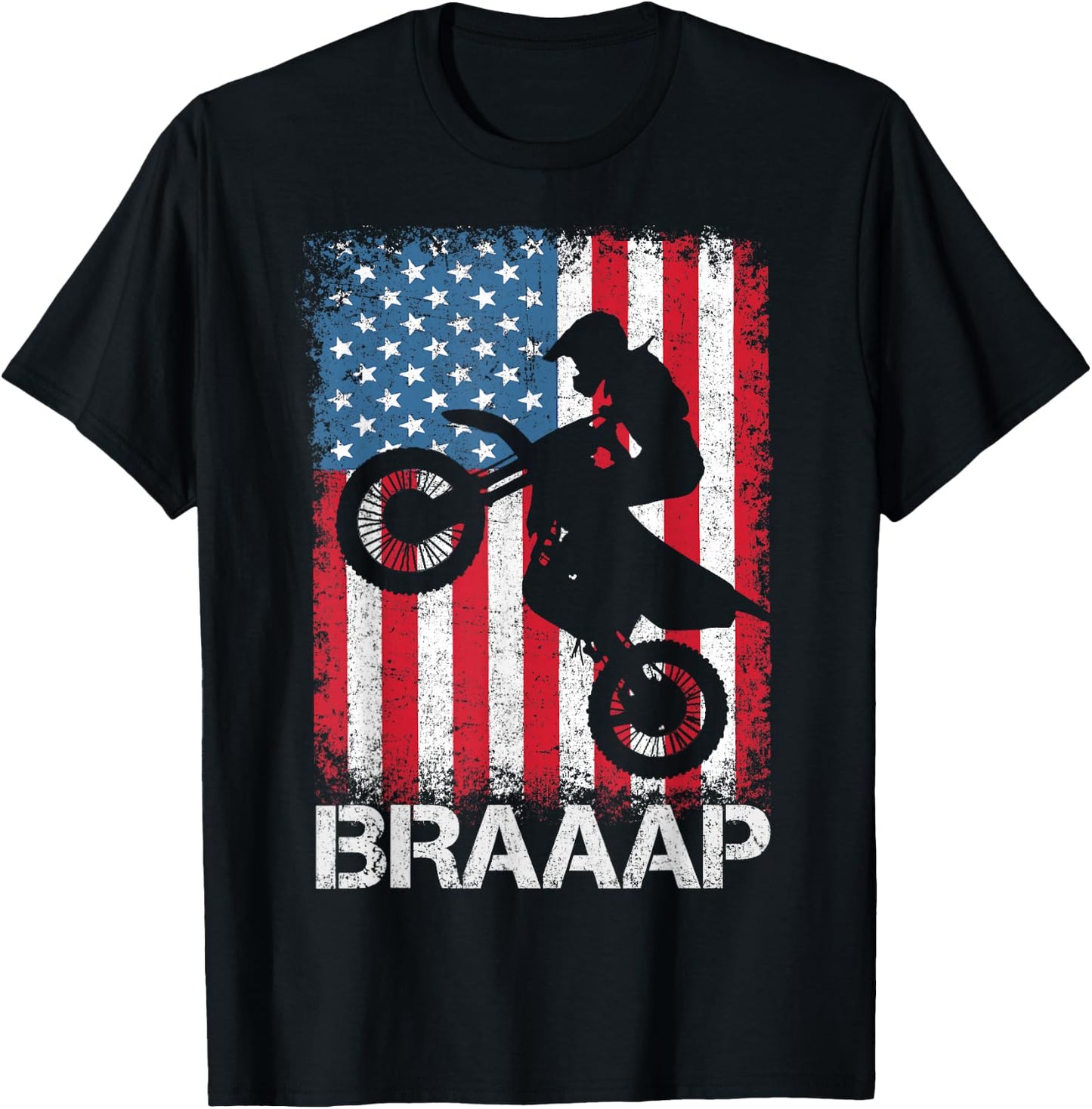 Braaap Vintage USA American Flag Motocross Dirt Bike T-Shirt - T-Shirt | Black
