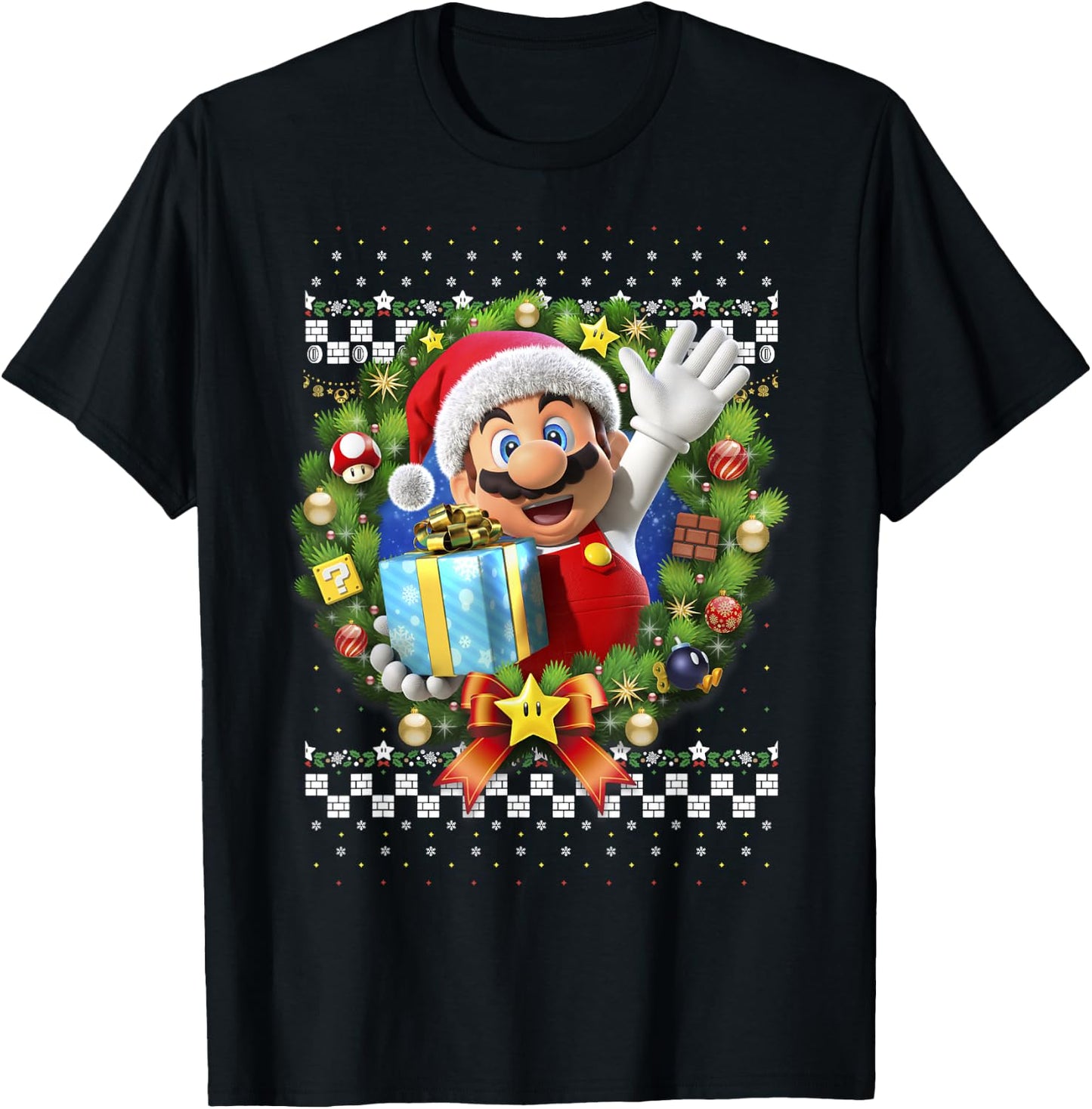 Super Mario Christmas Ugly Sweater Mario Present T-Shirt - T-Shirt | Black