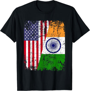 INDIAN ROOTS | Half American Flag | USA INDIA FLAG T-Shirt - T-Shirt | Black