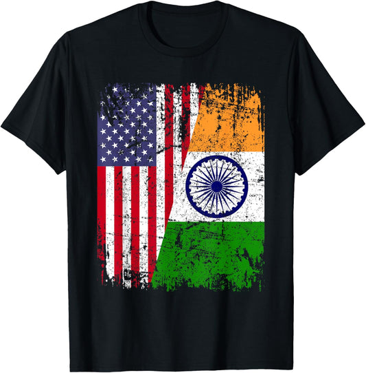 INDIAN ROOTS | Half American Flag | USA INDIA FLAG T-Shirt - T-Shirt | Black