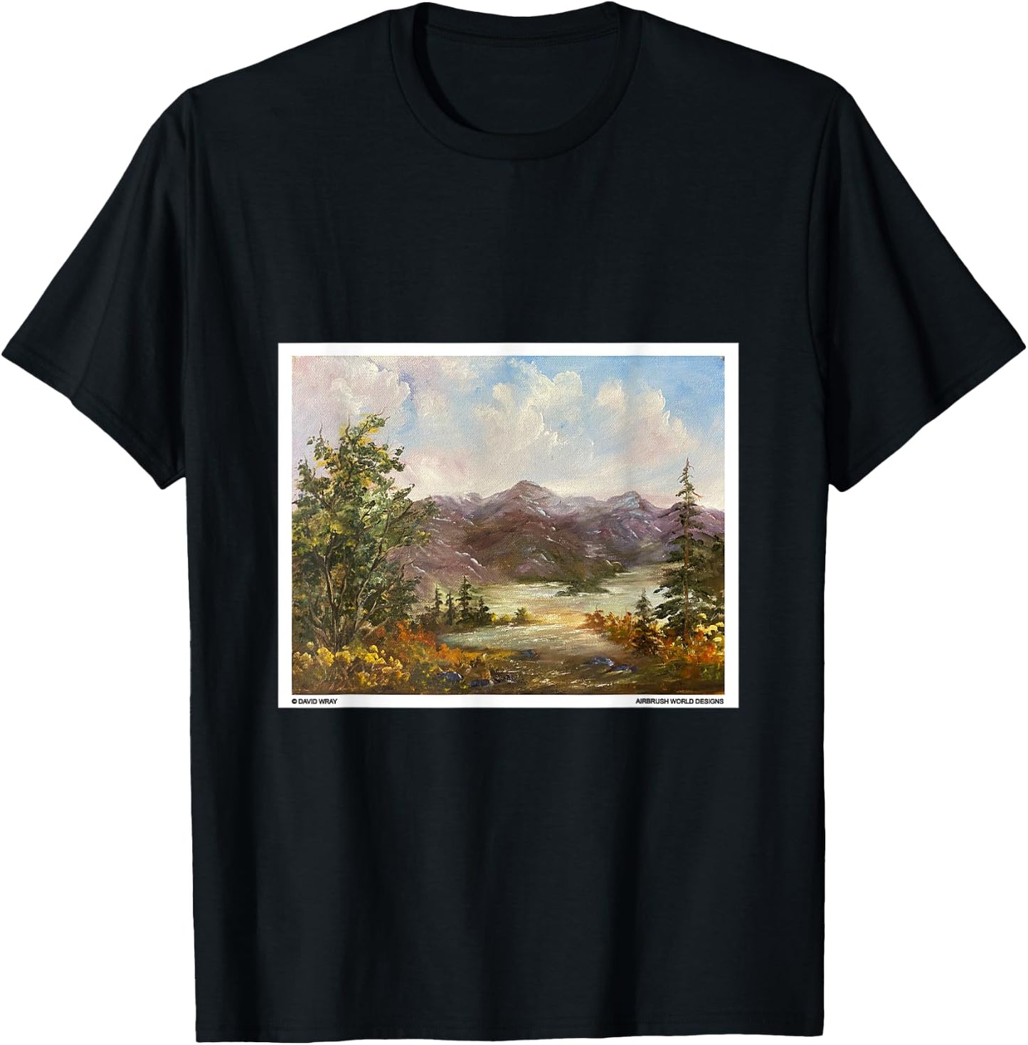 Mountains Through The Trees Nature Landscape Oil Painting T-Shirt - T-Shirt | Black