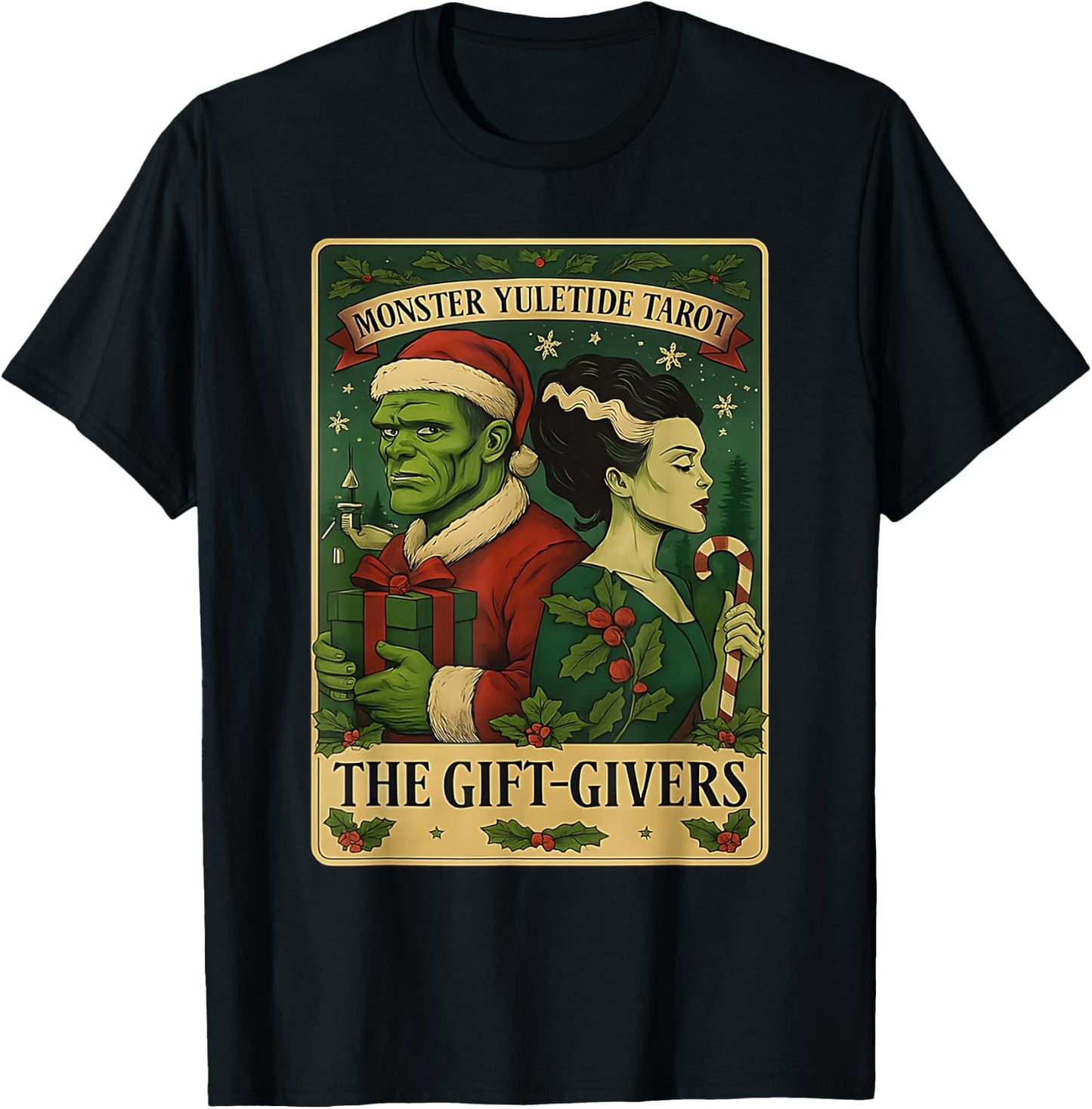 Christmas Frankenstein and Bride The Lovers Tarot Card T-Shirt - T-Shirt | Black