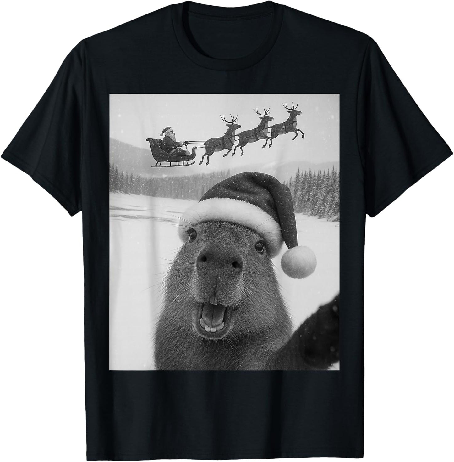Capybara Selfie with Santa Funny Christmas Kids T-Shirt - T-Shirt | Black