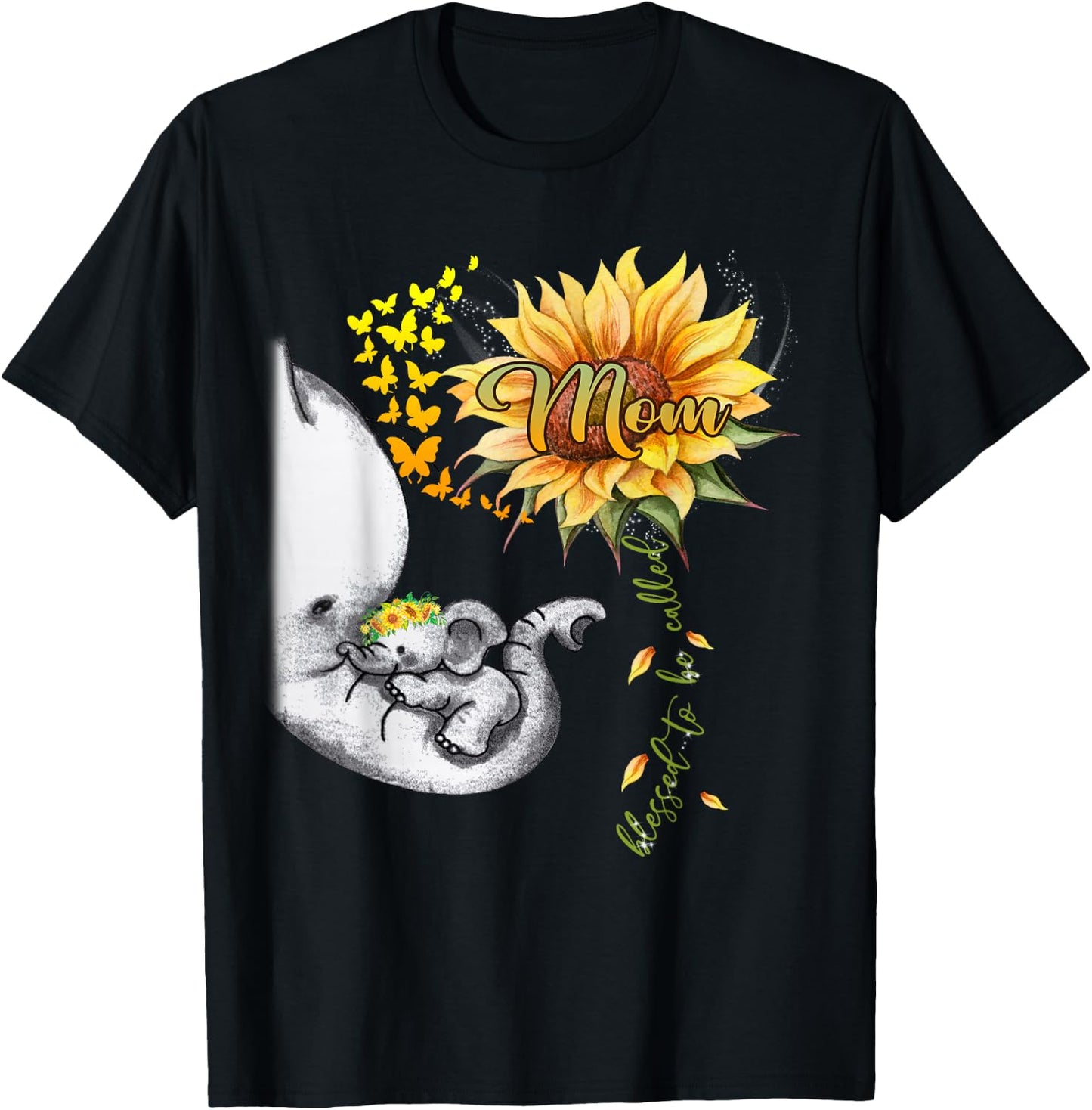 Blessed To Be Called Mom Sunflower Elephant Mother's Day T-Shirt - T-Shirt | Black