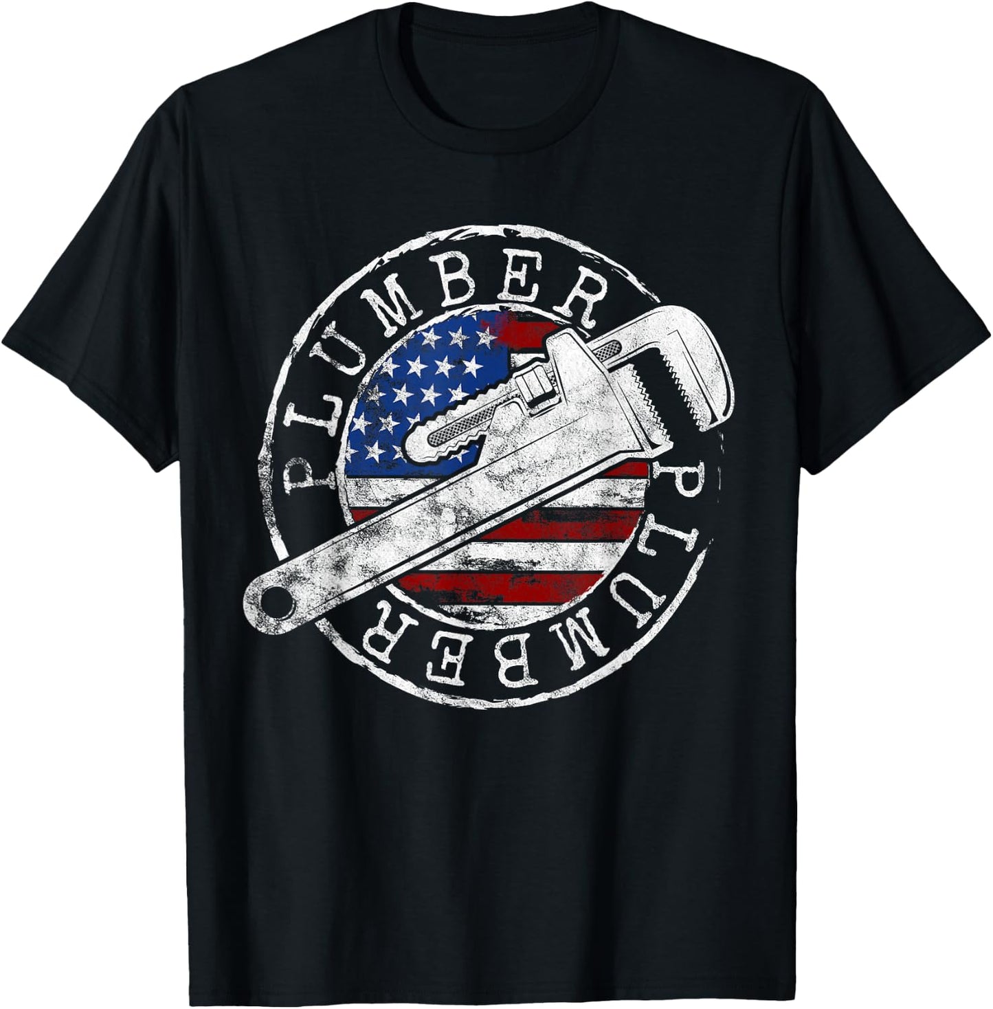 Plumber American Flag Plumbing Gift Usa Patriot Stamp Style T-Shirt - T-Shirt | Black