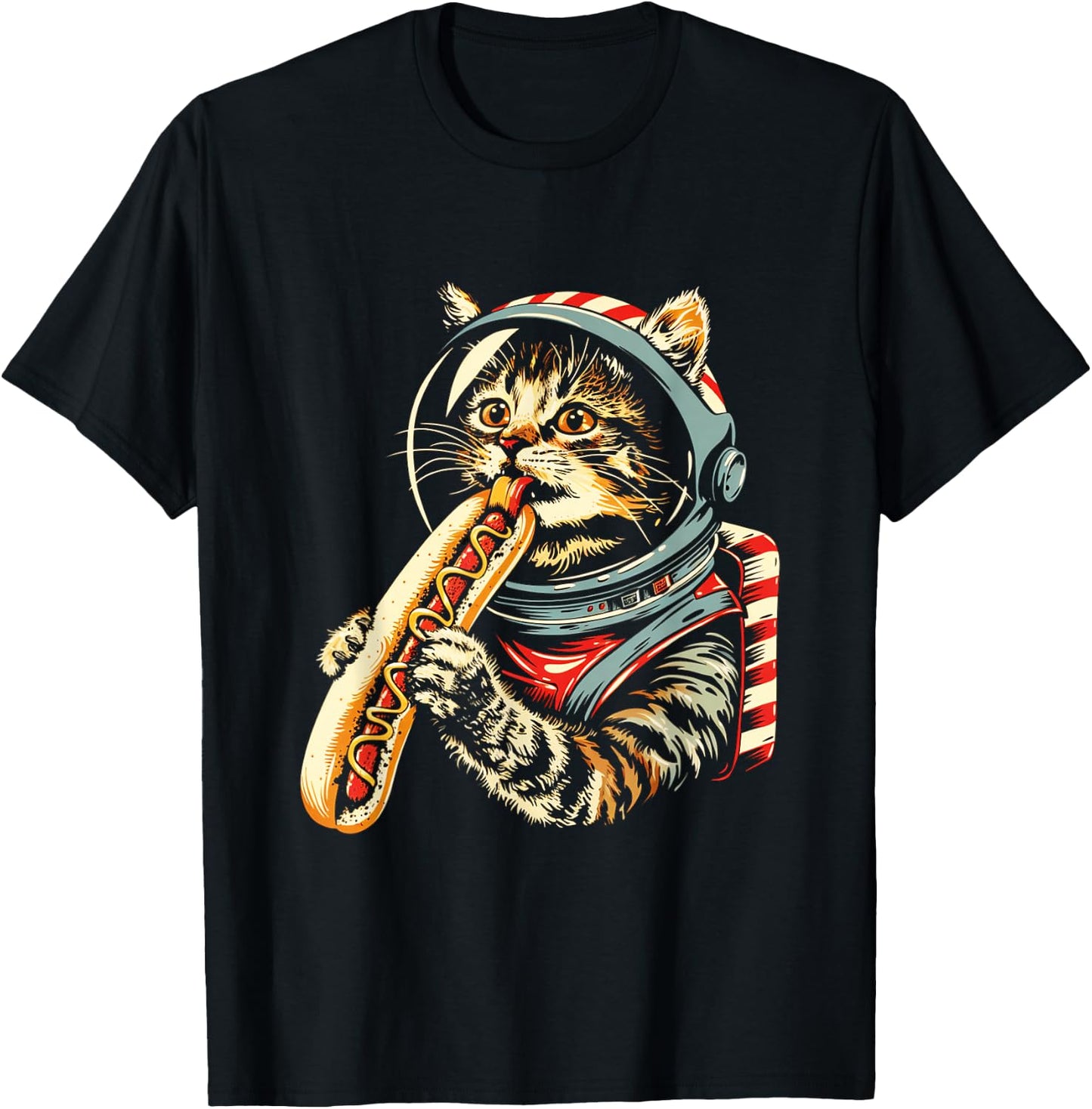 Space Astronaut Cat Eating Hotdog Funny Cat T-Shirt - T-Shirt | Black
