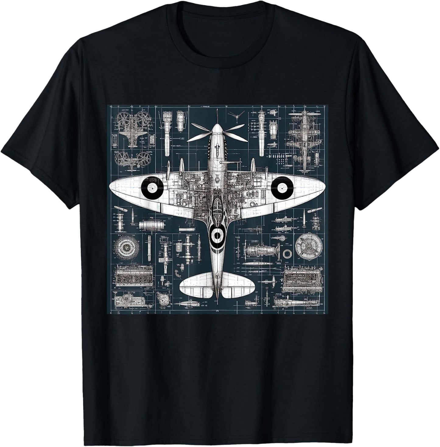 WW2 Warplane Spitfire Anatomy Assembly Parts Blueprint T-Shirt - T-Shirt | Black