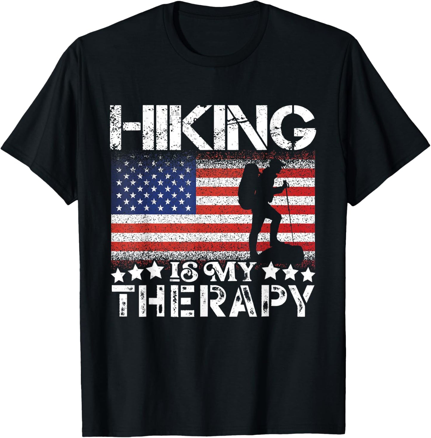 Patriotic Flags Hiking is My Therapy Hiking Lovers USA T-Shirt - T-Shirt | Black