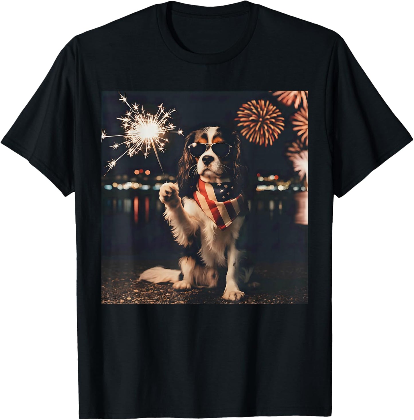 Patriotic Cavalier King Charles Spaniel Fireworks 4th July T-Shirt - T-Shirt | Black