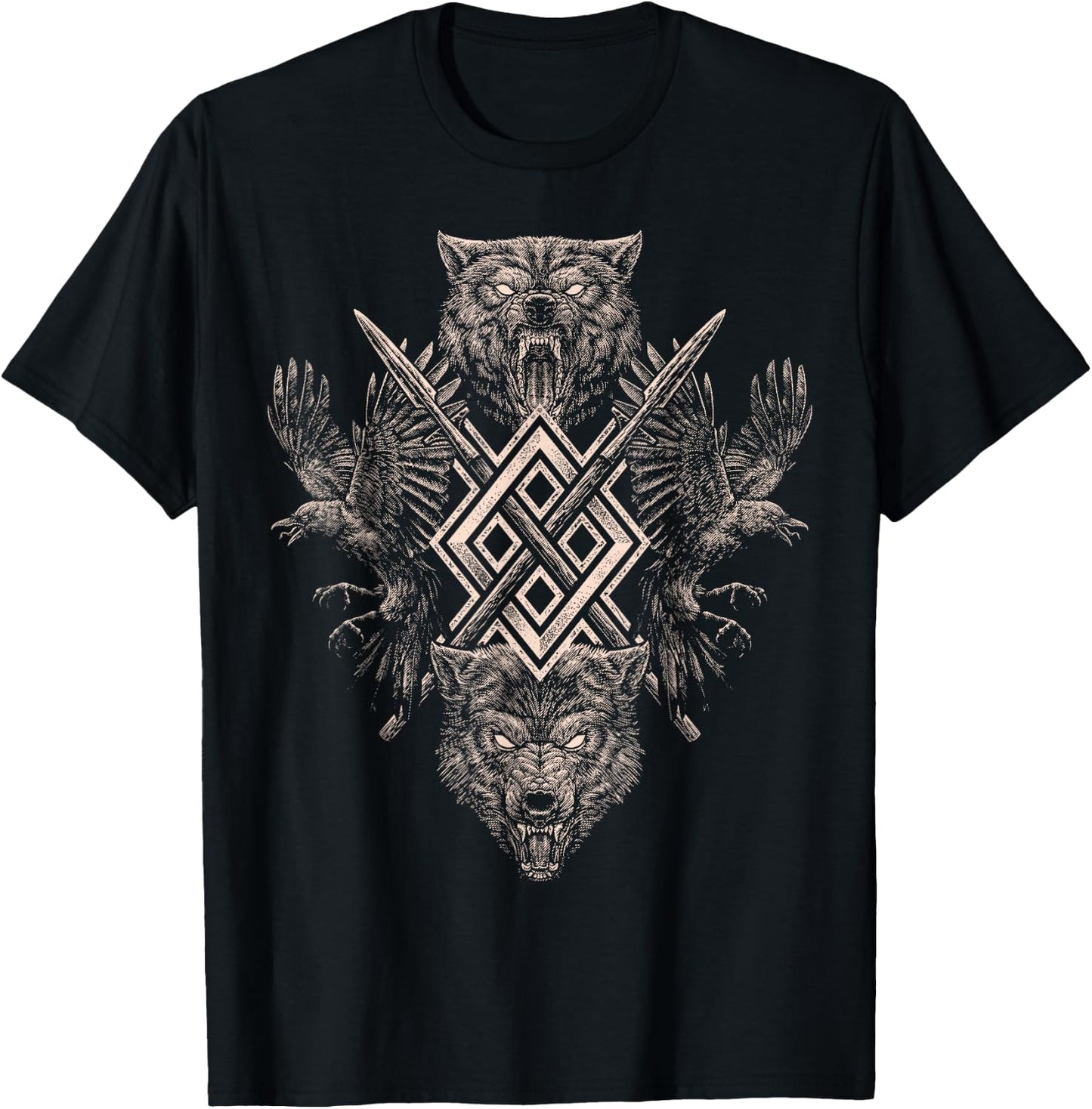 Norse Viking Wolf Raven of Odin with Pagan Gungnir Symbol T-Shirt - T-Shirt | Black
