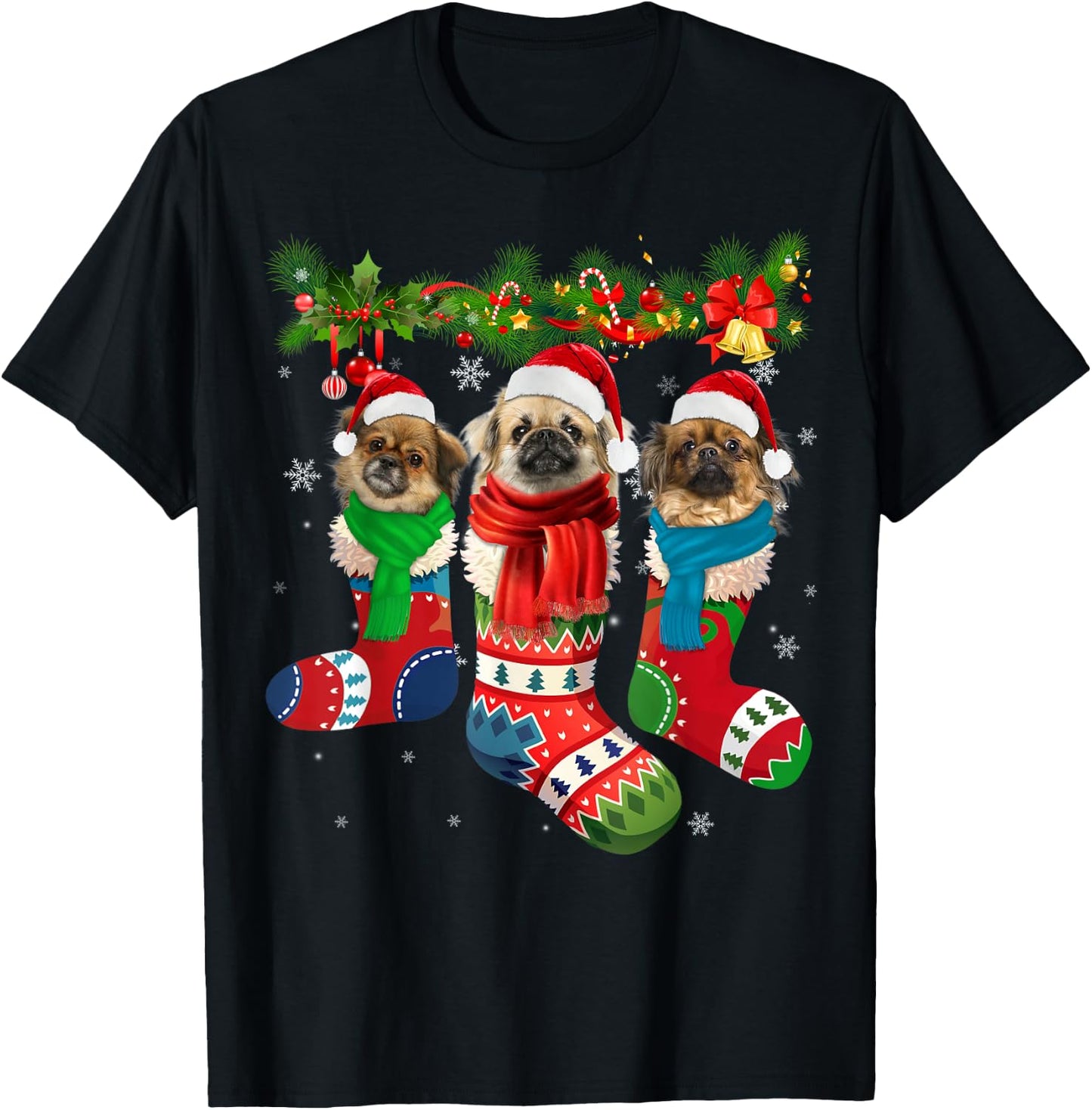 Three Tibetan spaniels In Christmas Socks T-Shirt - T-Shirt | Black