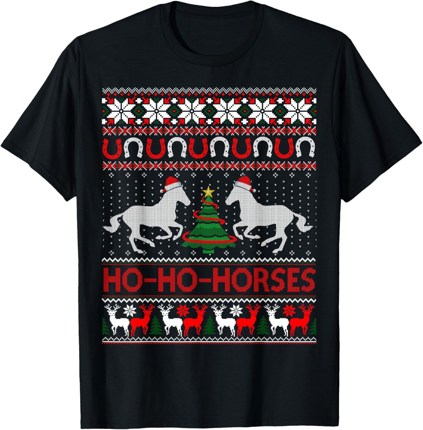 Ho Horses Xmas Ugly Christmas Sweater Equestrian T-Shirt - T-Shirt | Black