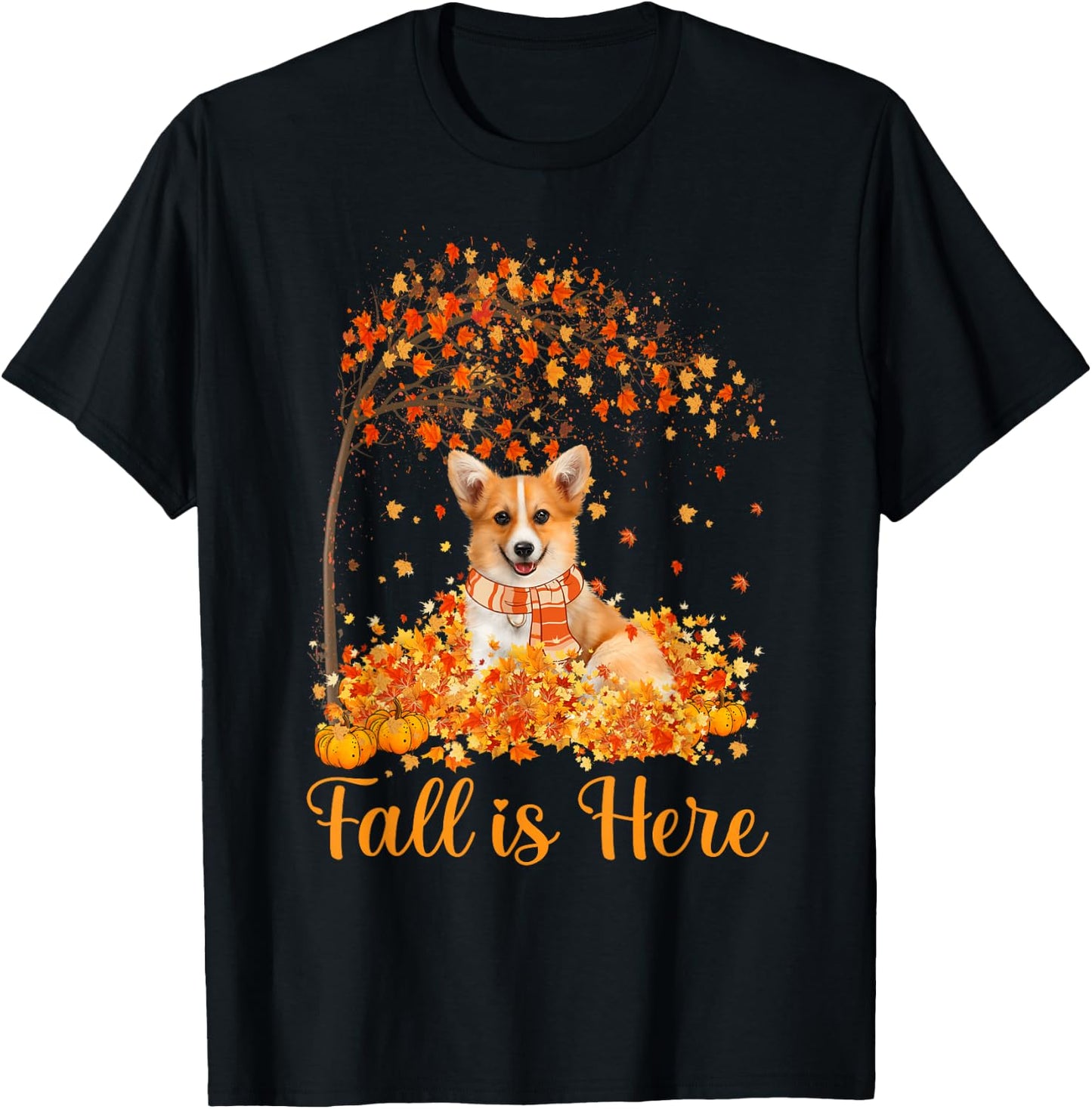 Fall Is Here Corgi Jumping On Autumn Leaf Pumpkin Dog Lovers T-Shirt - T-Shirt | Black
