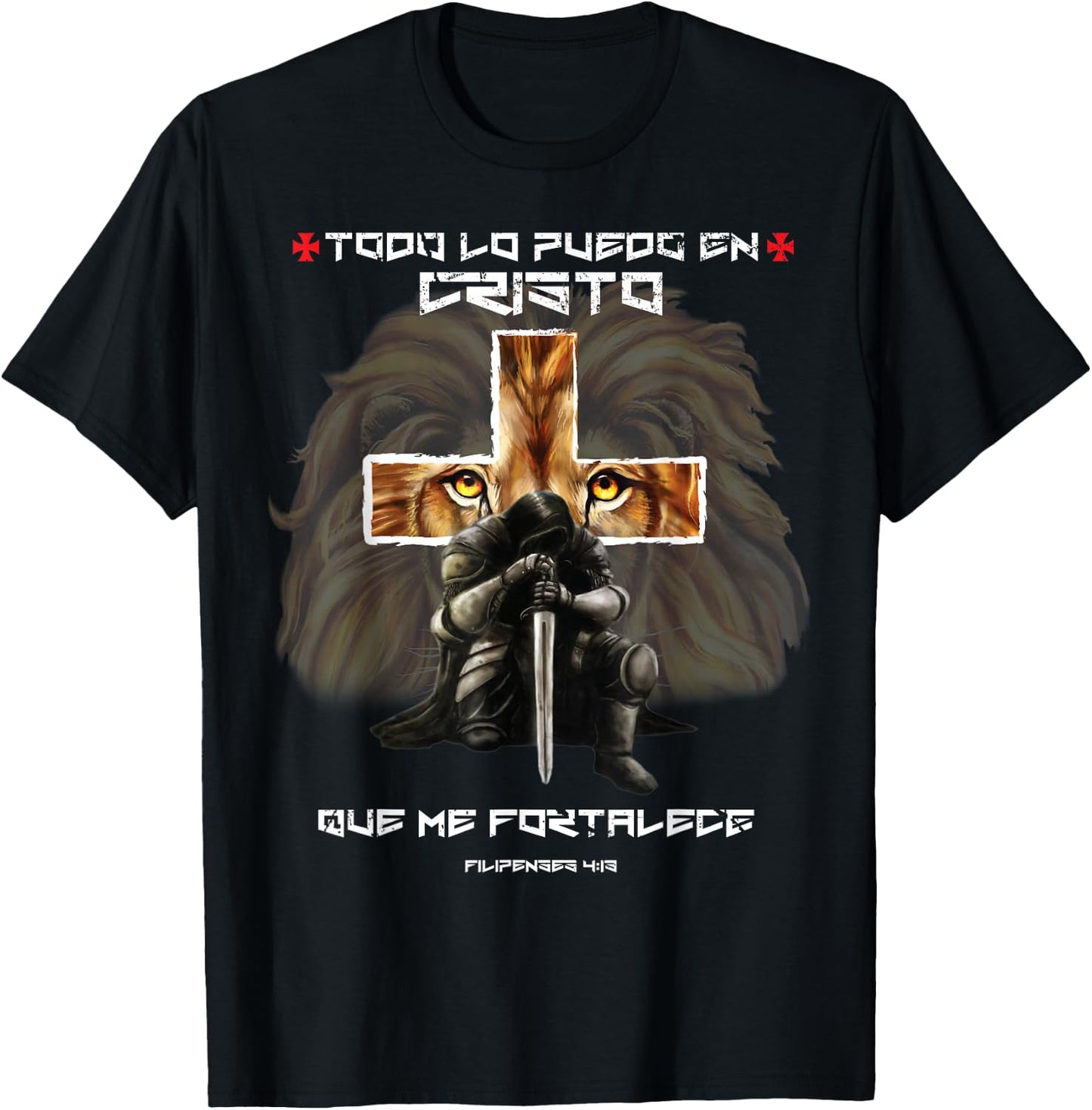 Español Spanish Christian Gifts Cross Lion Filipenses 4:13 T-Shirt - T-Shirt | Black