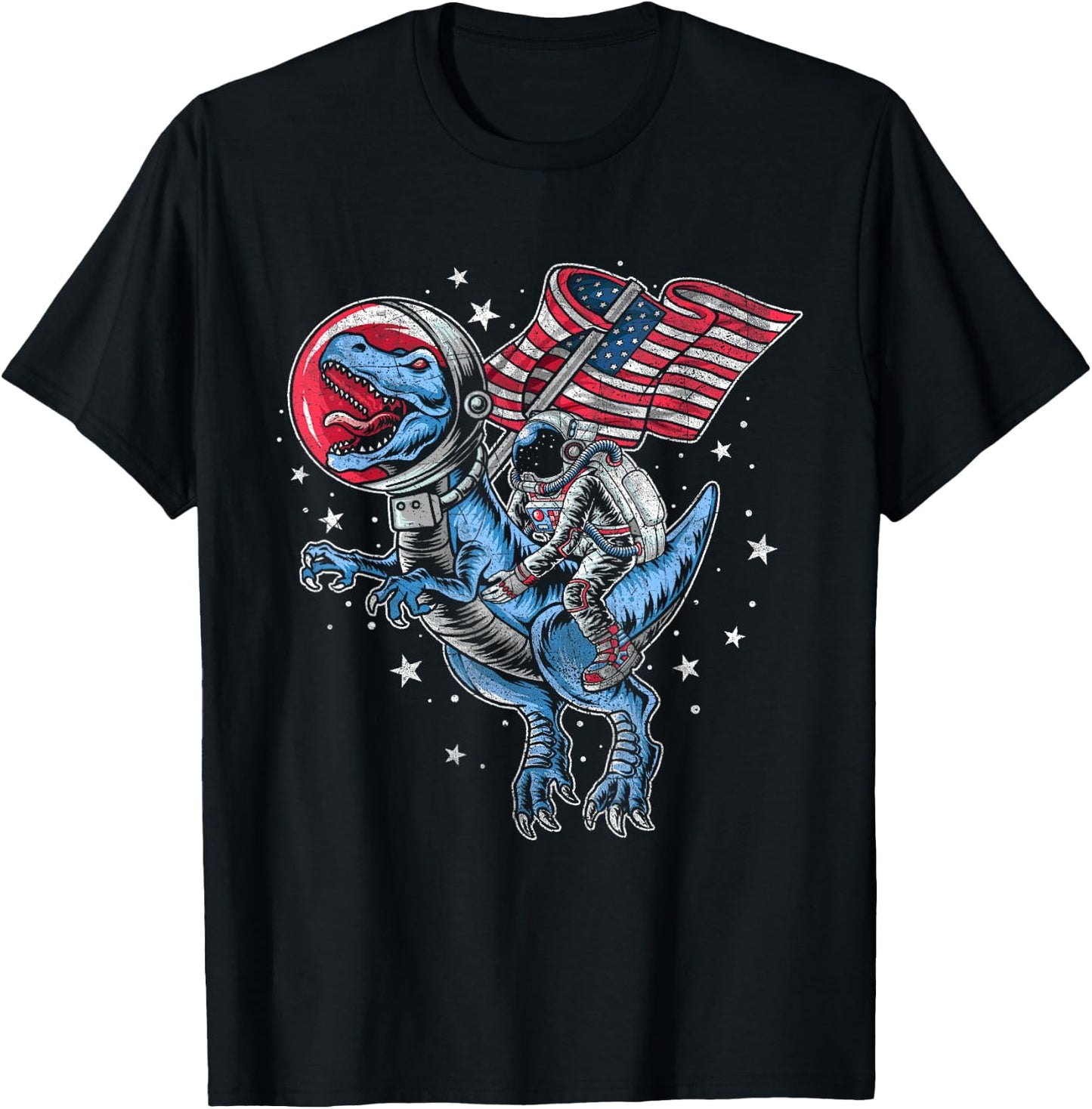 American Flag Astronaut Dinosaur Red White Blue 4th of July T-Shirt - T-Shirt | Black