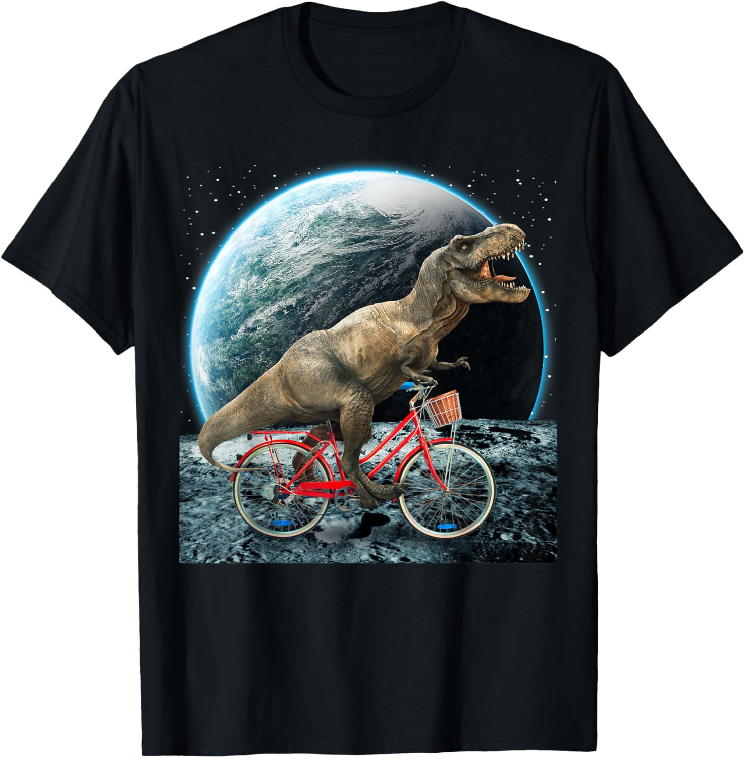 Dinosaur Trex In Space Riding Bike On Moon Funny Dino Lover T-Shirt - T-Shirt | Black