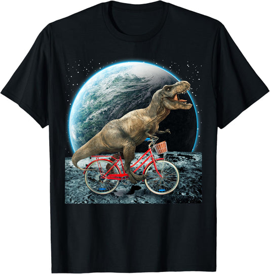 Dinosaur Trex In Space Riding Bike On Moon Funny Dino Lover T-Shirt - T-Shirt | Black