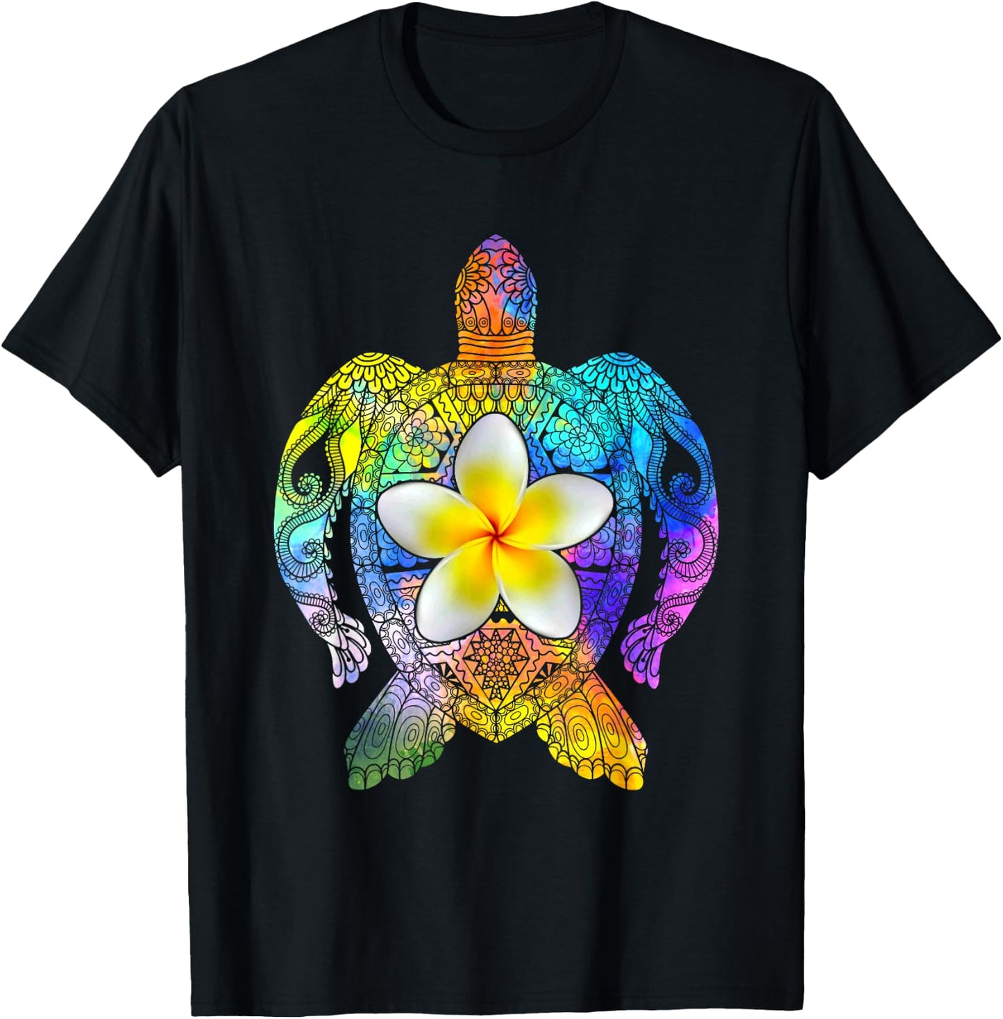 Sea Turtle Colorful Tribal Hawaiian Turtles Plumeria Flower T-Shirt - T-Shirt | Black